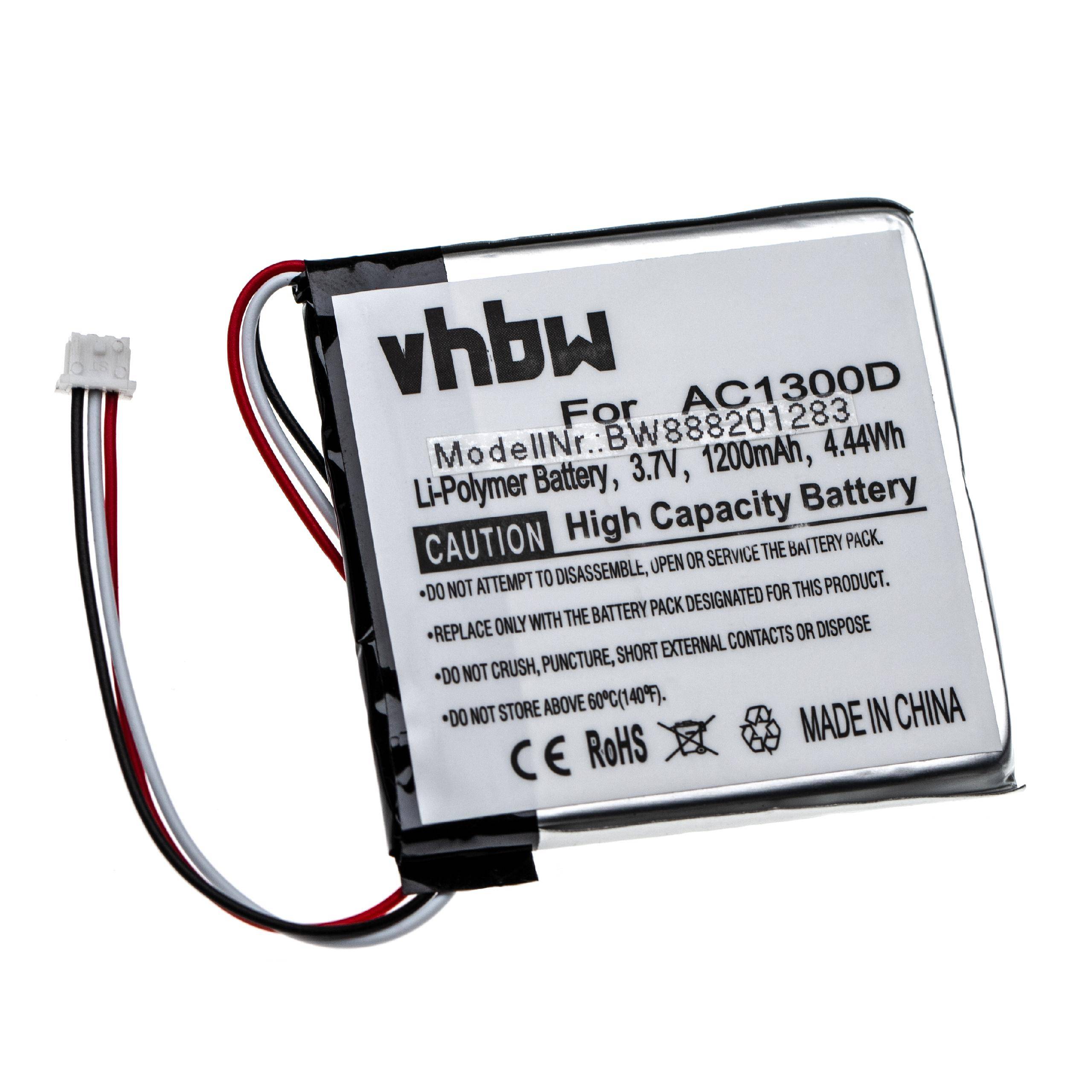 Ein rechteckiger wiederaufladbarer Lithium-Polymer-Akku mit roten und schwarzen Drähten und einem weißen Stecker, gekennzeichnet mit 'vhbw' und 'Für AC1300D'.