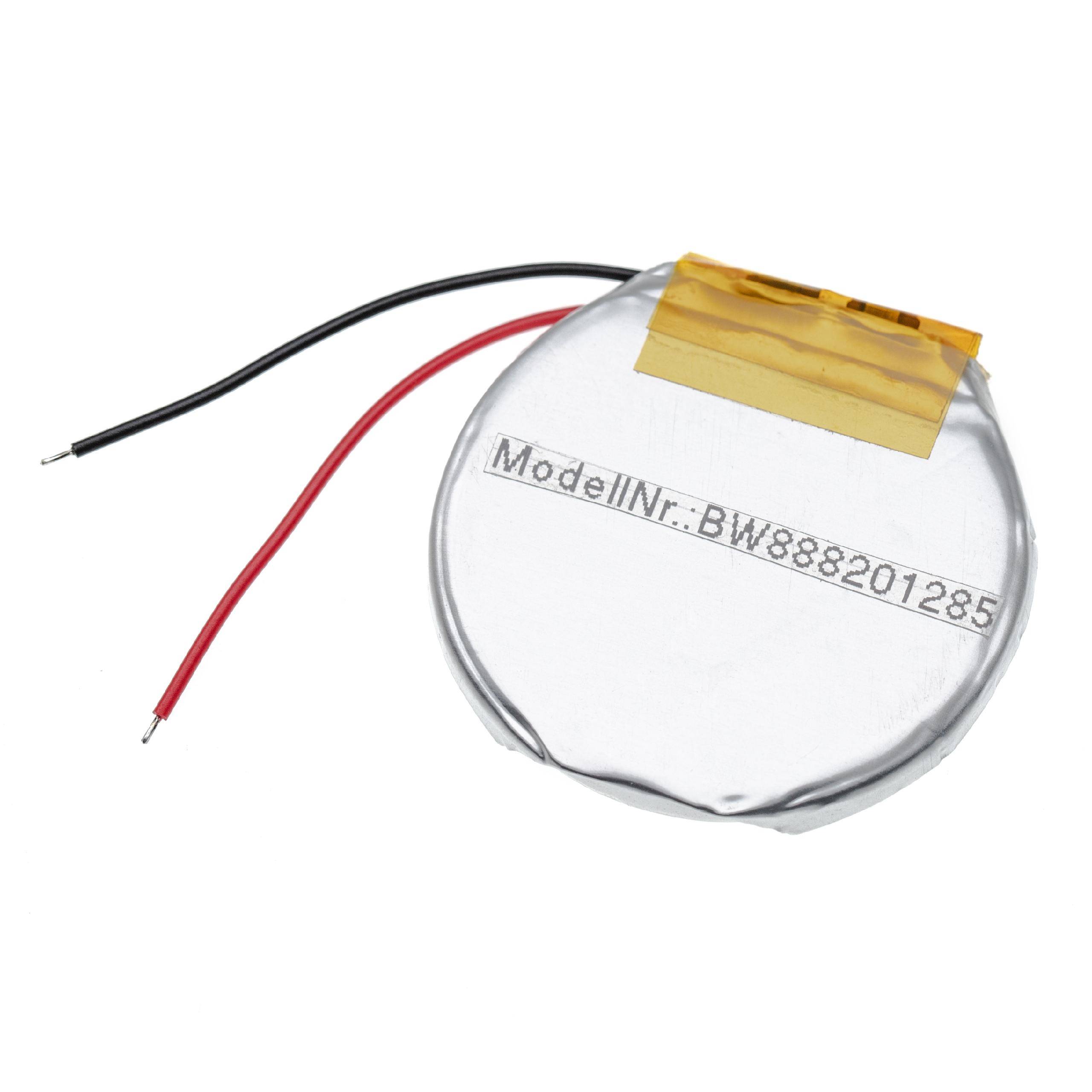 Eine runde Lithium-Polymer-Batterie mit angebrachten roten und schwarzen Drähten, auf der Oberfläche mit „Modellnr: BW888201285