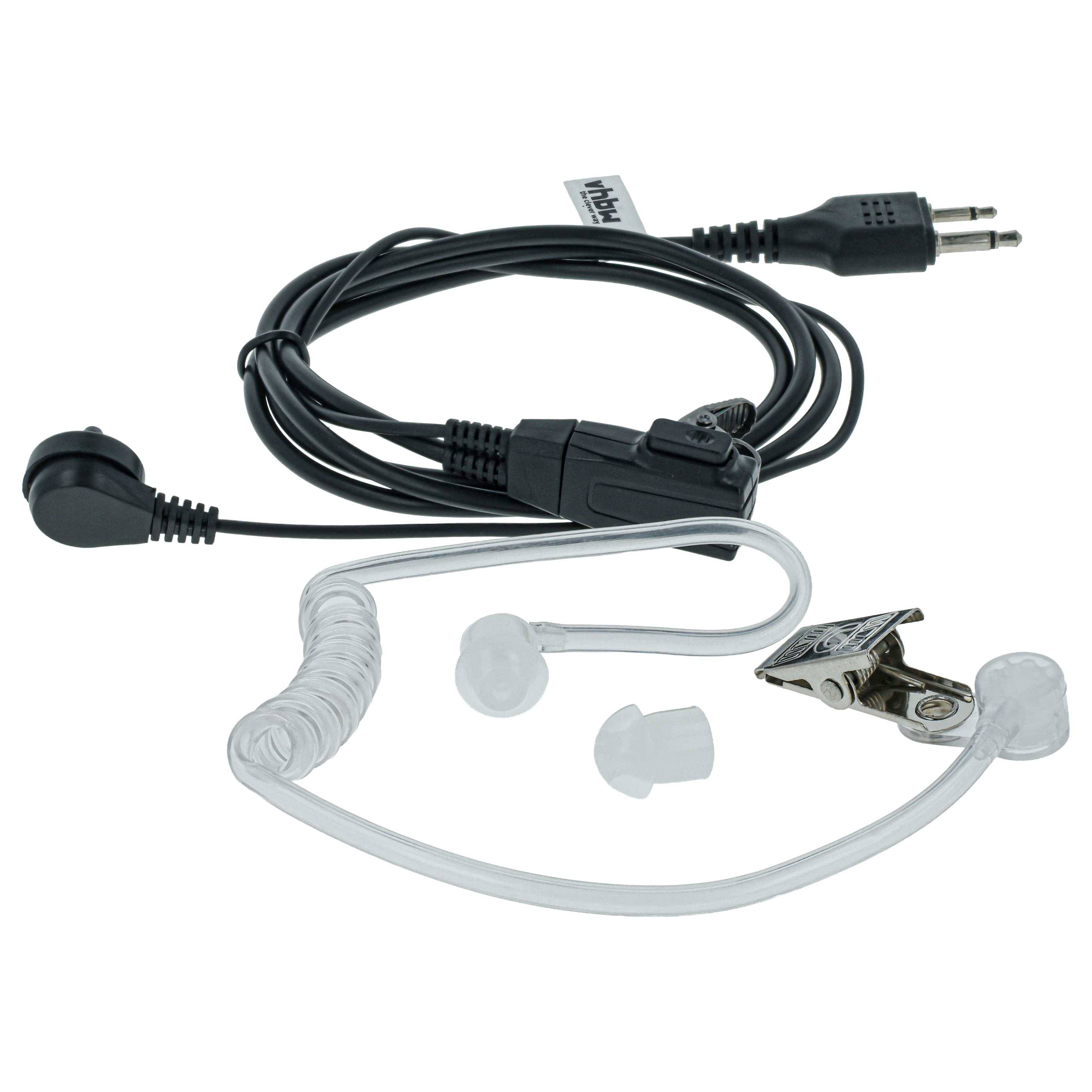 Ein schwarzes kabelgebundenes Ohrstöpsel mit gewundenem transparentem Akustikschlauch und Klipp, oft verwendet für die Sicherheitskommunikation.