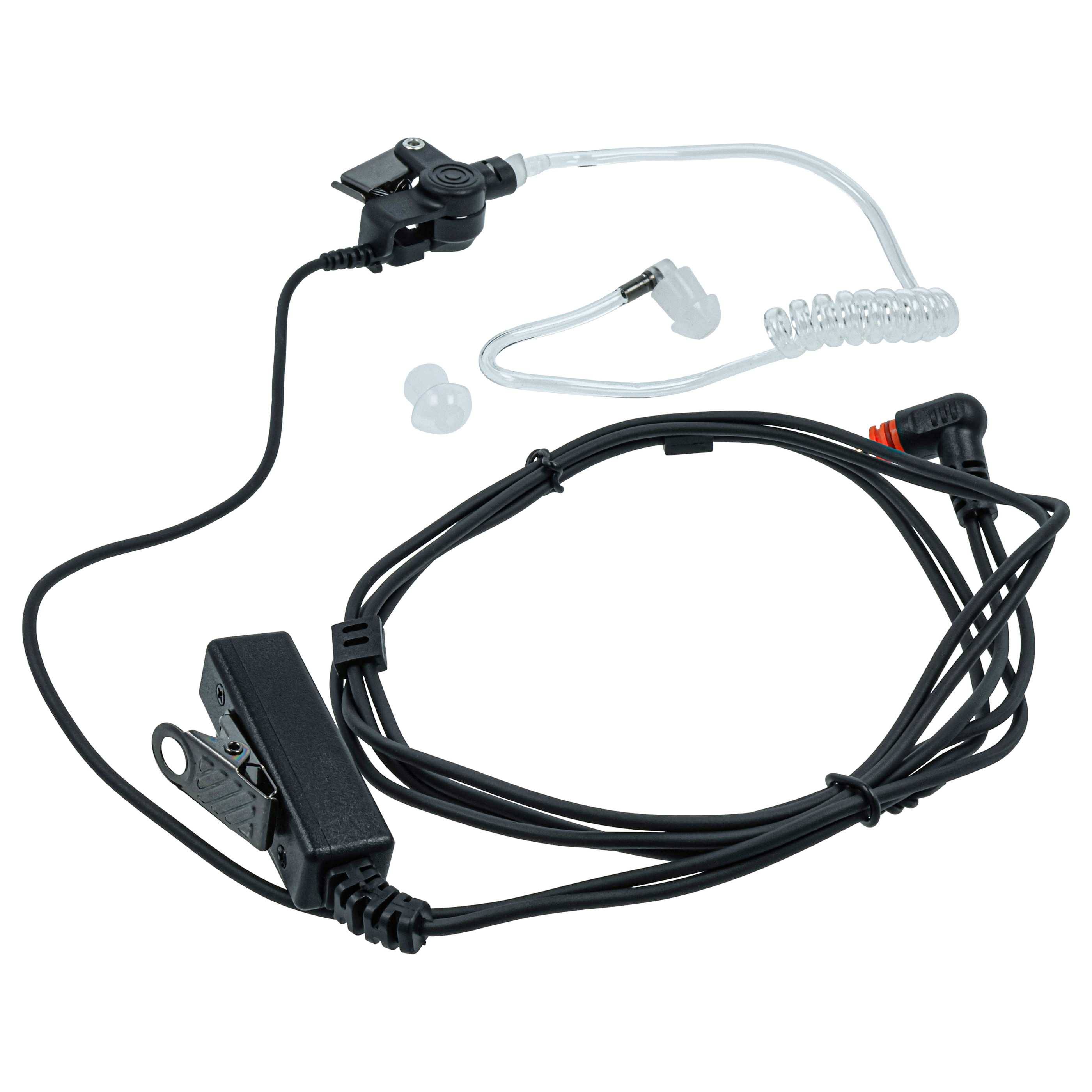 Kopfhörer mit transparentem Schlauch, schwarzen Kabeln, Clip und Druckknopf für Sprechfunktion zur diskreten Kommunikation, typischerweise in Sicherheitsumgebungen verwendet.