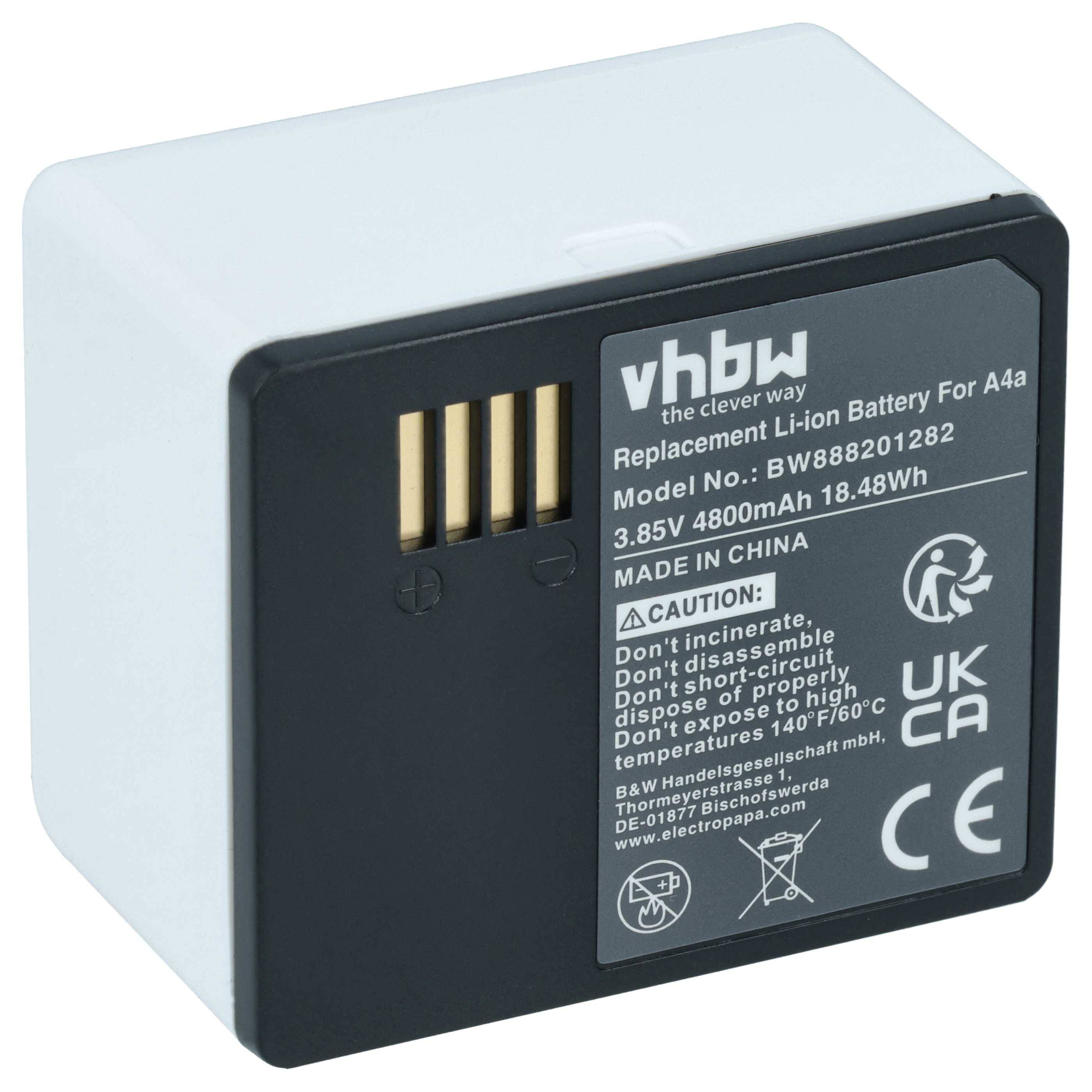 Wiederaufladbare vhbw Li-Ionen-Batterie für A4/A4a, Modellbezeichnung BW88201282, 3,85V 4800mAh 18,48Wh, mit Warnsymbolen und Zertifizierungszeichen.