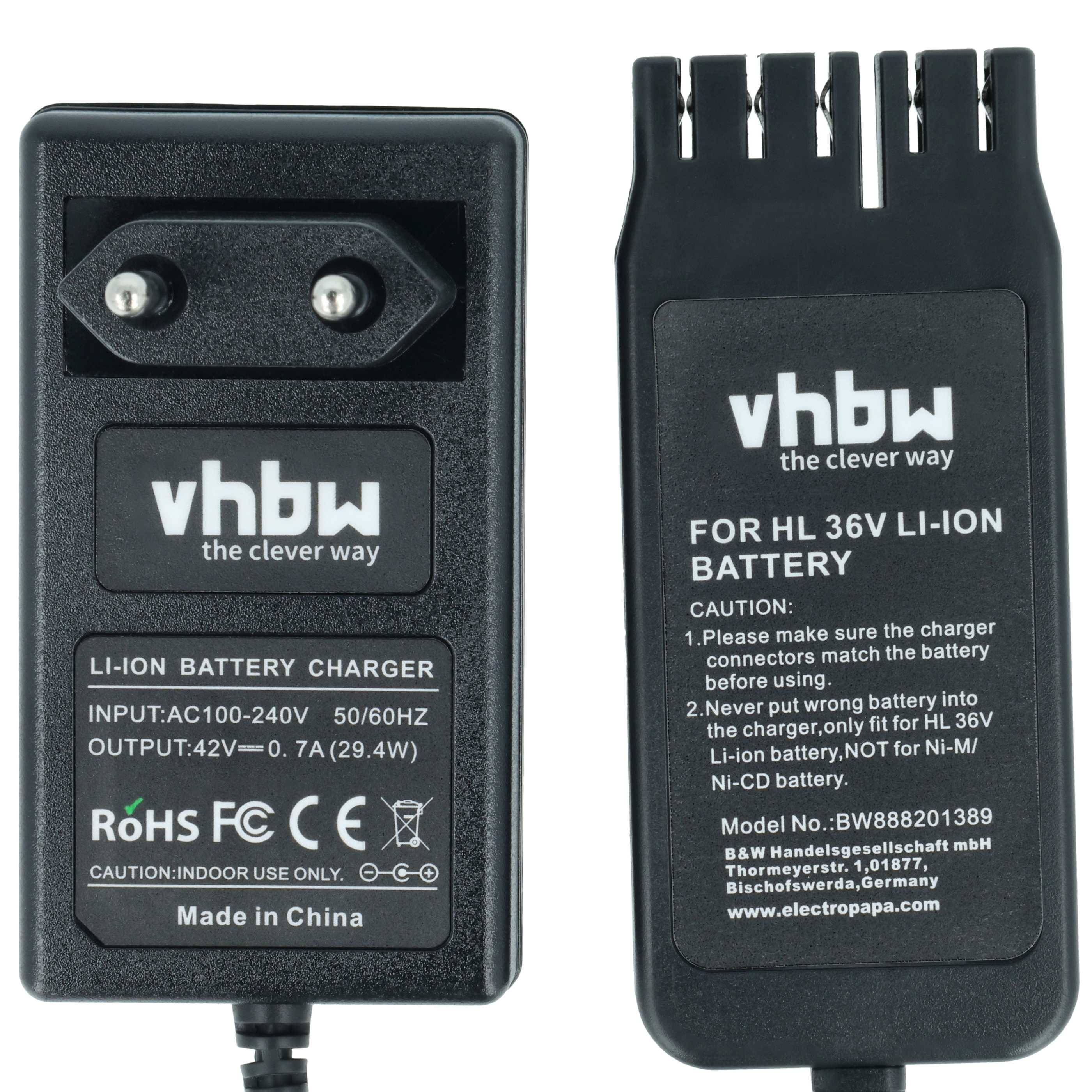 Schwarzes vhbw Li-Ionen-Akkuladegerät und Akku-Pack-Adapter nebeneinander, beschriftet für HL 36V-Akku mit Ein-/Ausgabespezifikationen.