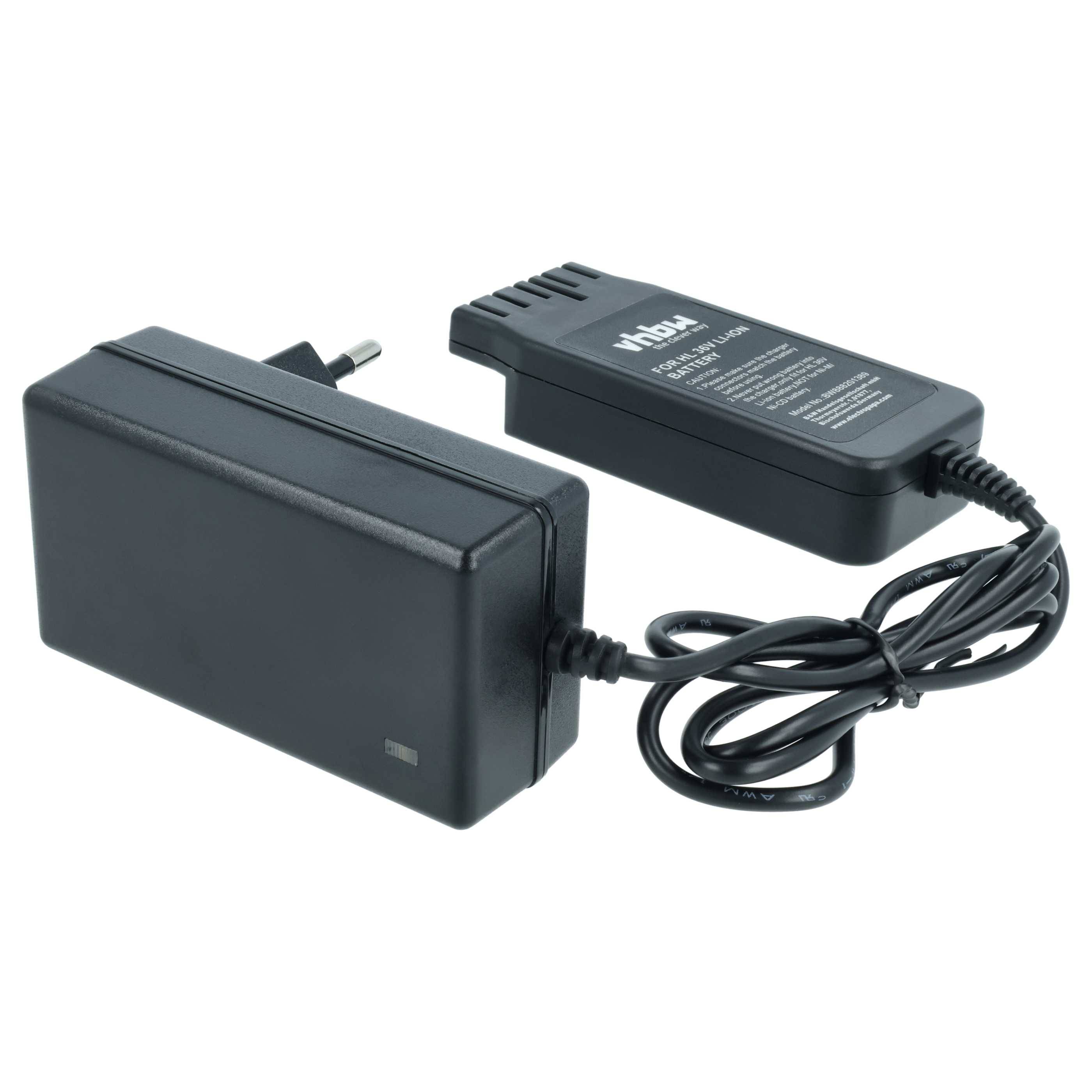 Schwarzer Stromadapter und Akkuladegerät mit Kabel und Stecker auf weißem Hintergrund.