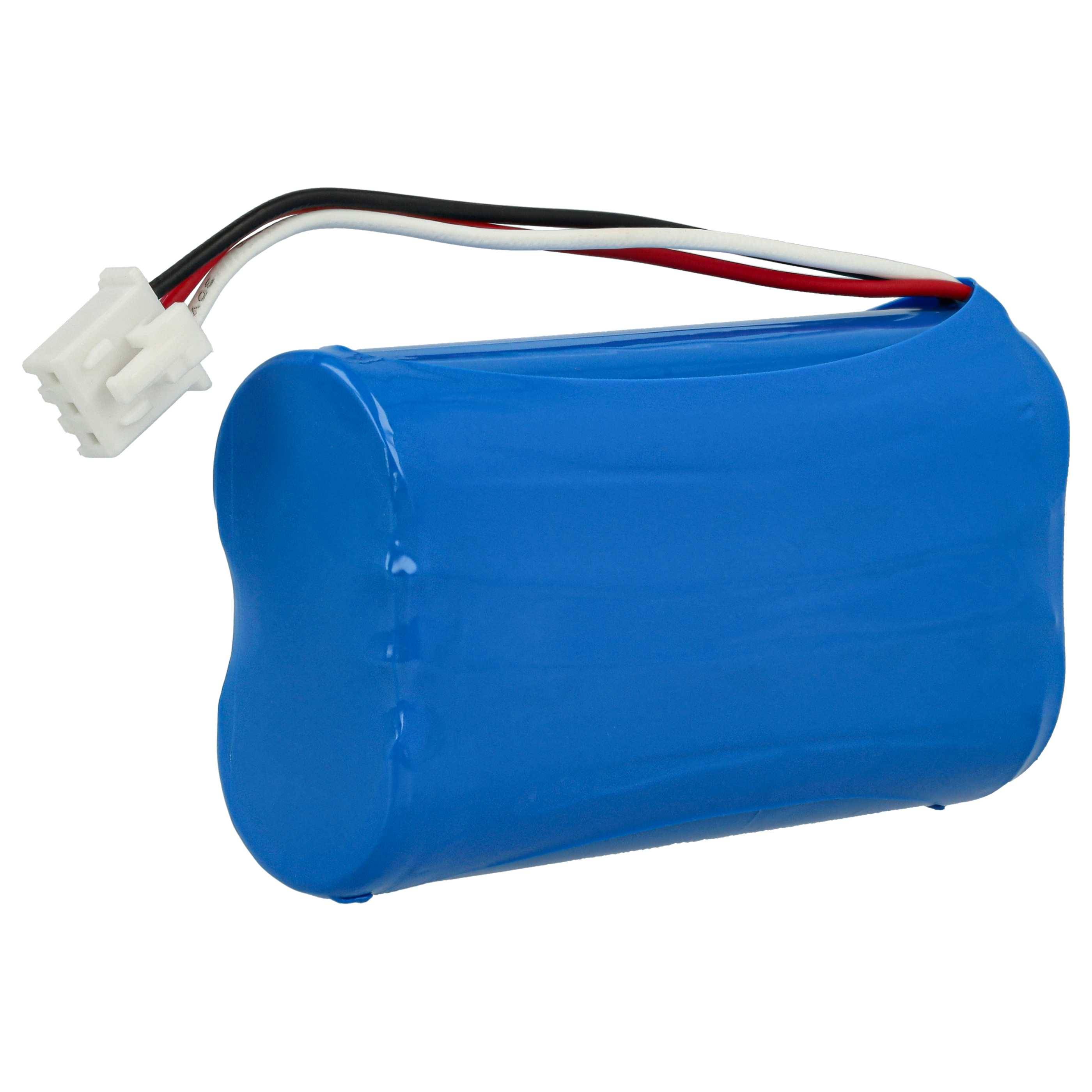 Eine blaue zylindrische Batterie mit roten und schwarzen Drähten und einem weißen Stecker, die für elektronische Geräte verwendet wird.