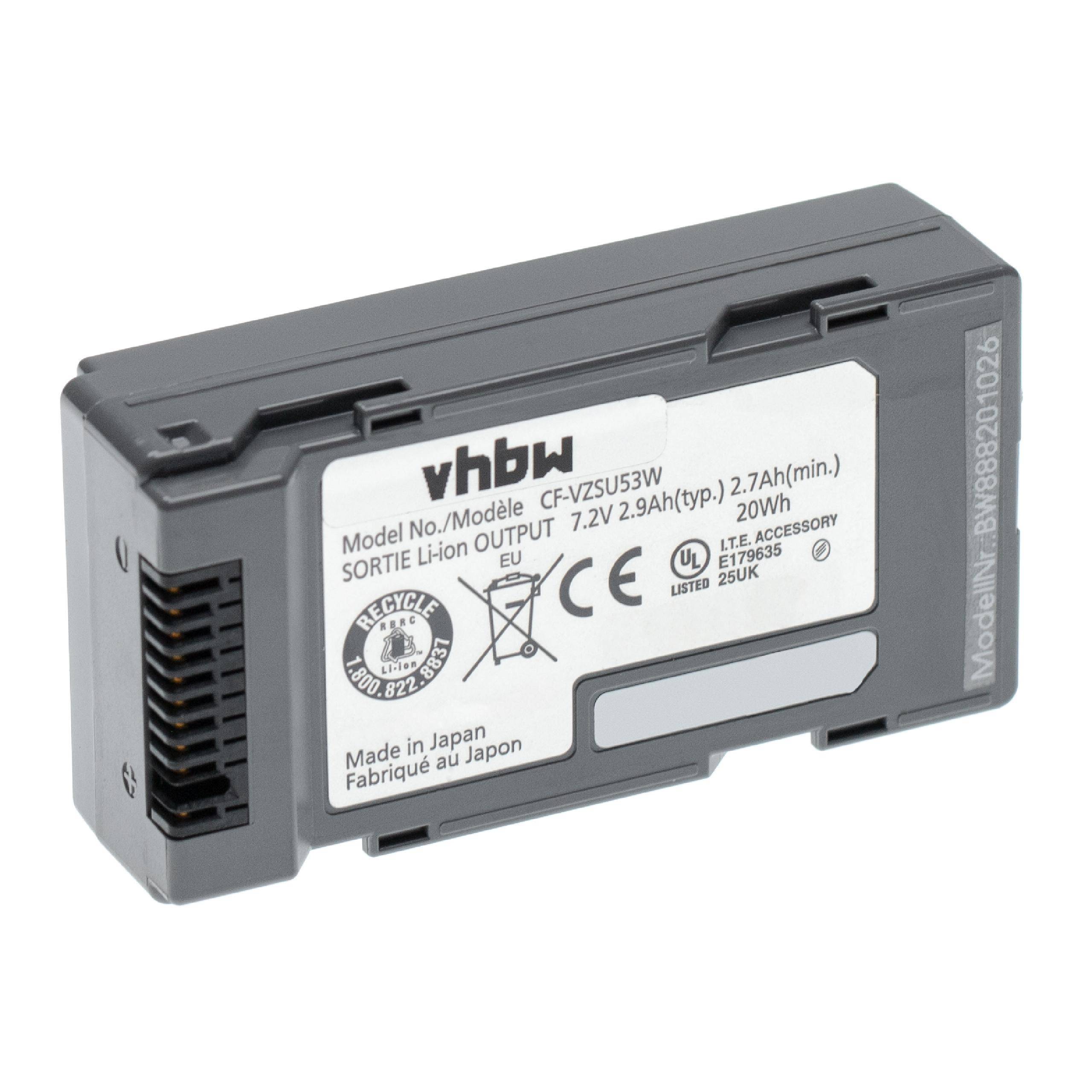 Eine wiederaufladbare Batterie mit der Bezeichnung 'vhbw' und der Modellnummer CF-VZSU53W, die folgende Ausgabewerte anzeigt: 7,2V, 2,9Ah, 20Wh.