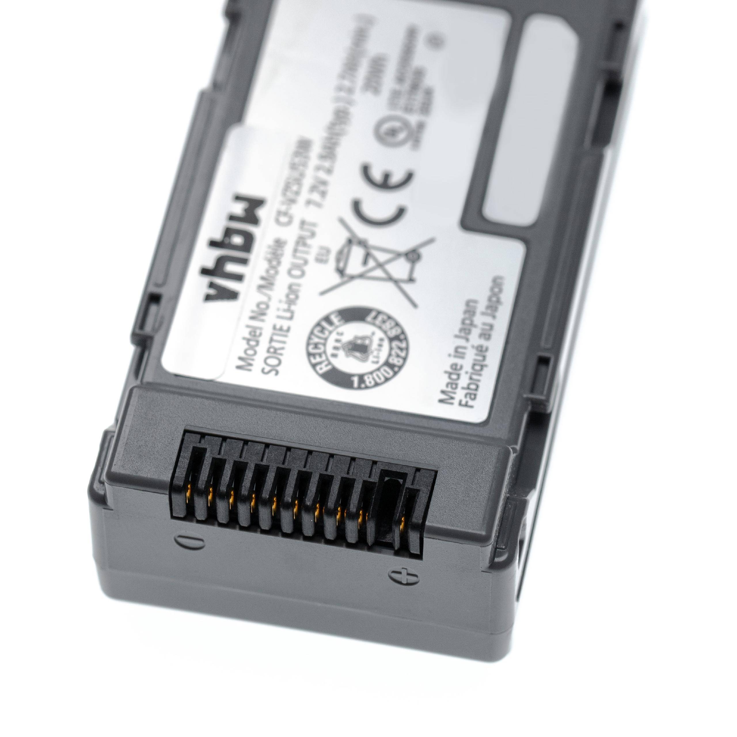 Eine wiederaufladbare Kamerabatterie mit elektrischen Kontakten, beschriftet mit 'vhbw' und 'Modell-Nr.: CF-623706', versehen mit Sicherheitssymbolen und Kapazitätsdetails.