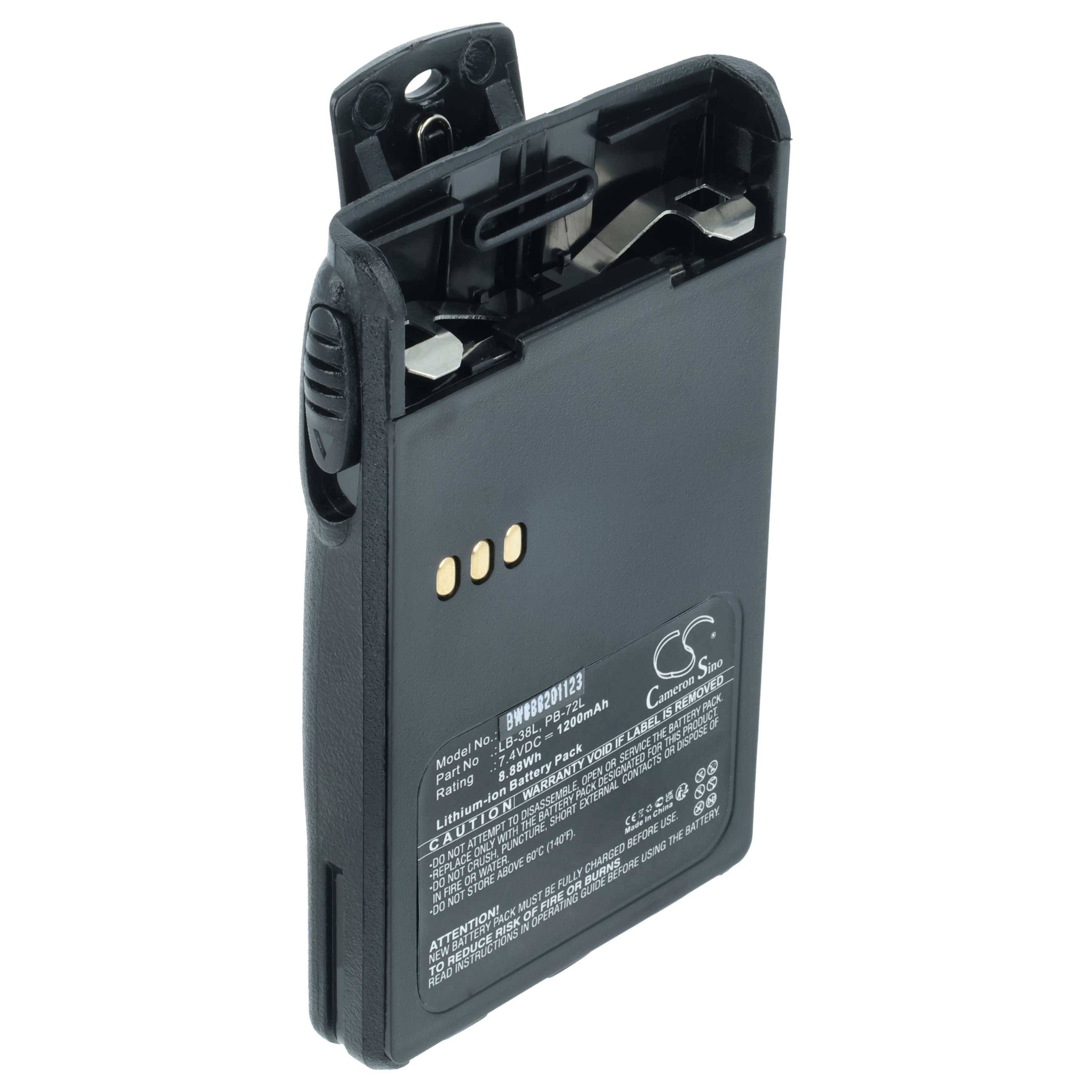 „Ein schwarzes Lithium-Ionen-Batteriepack für ein Handfunkgerät, mit Anschlüssen und Warnhinweisen.