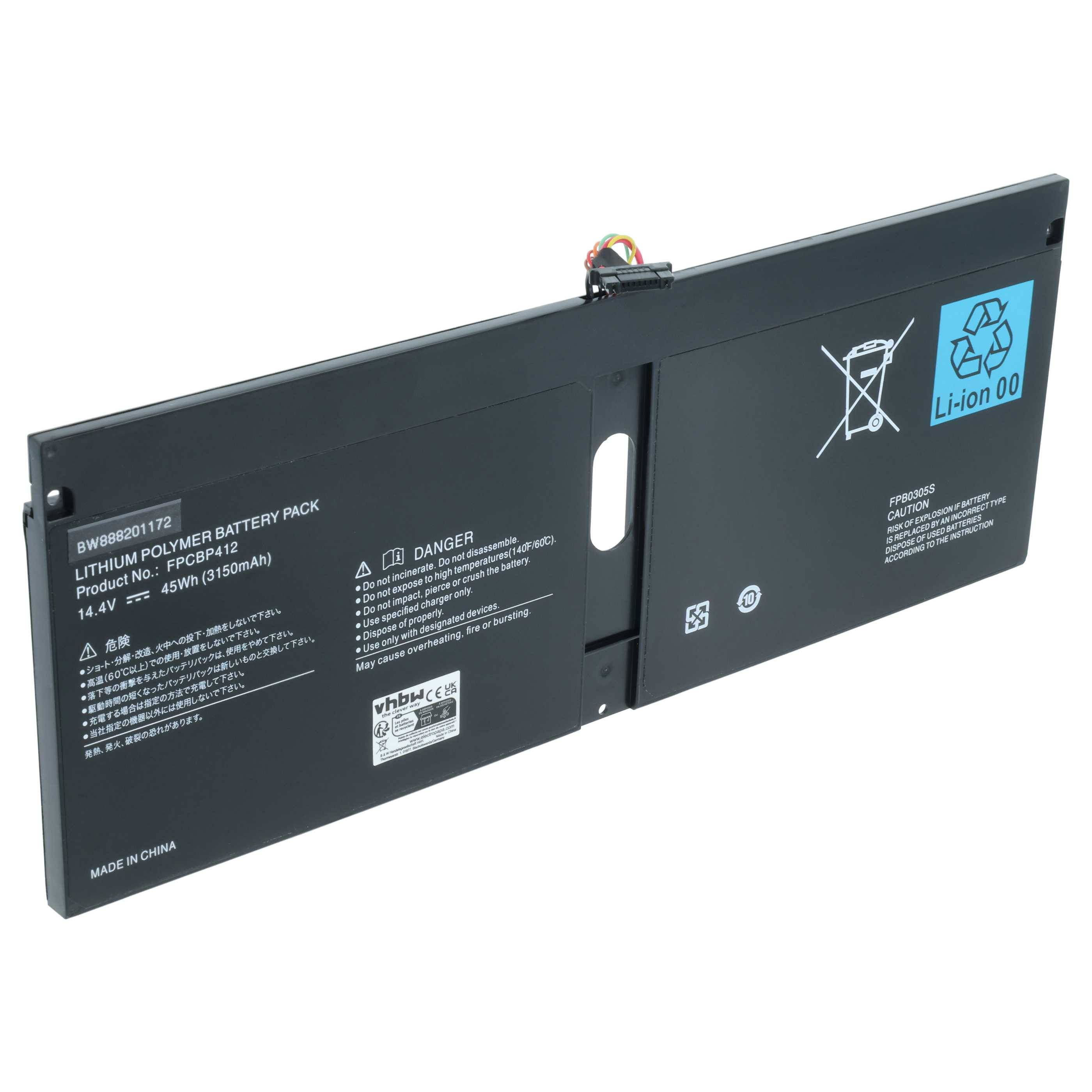 vhbw Akku kompatibel mit Fujitsu Lifebook U904, U9040M75A1DE, U904-0M75A1DE, U9040MXPA1DE Notebook (3050mAh, 14,4V, Li-Polymer)