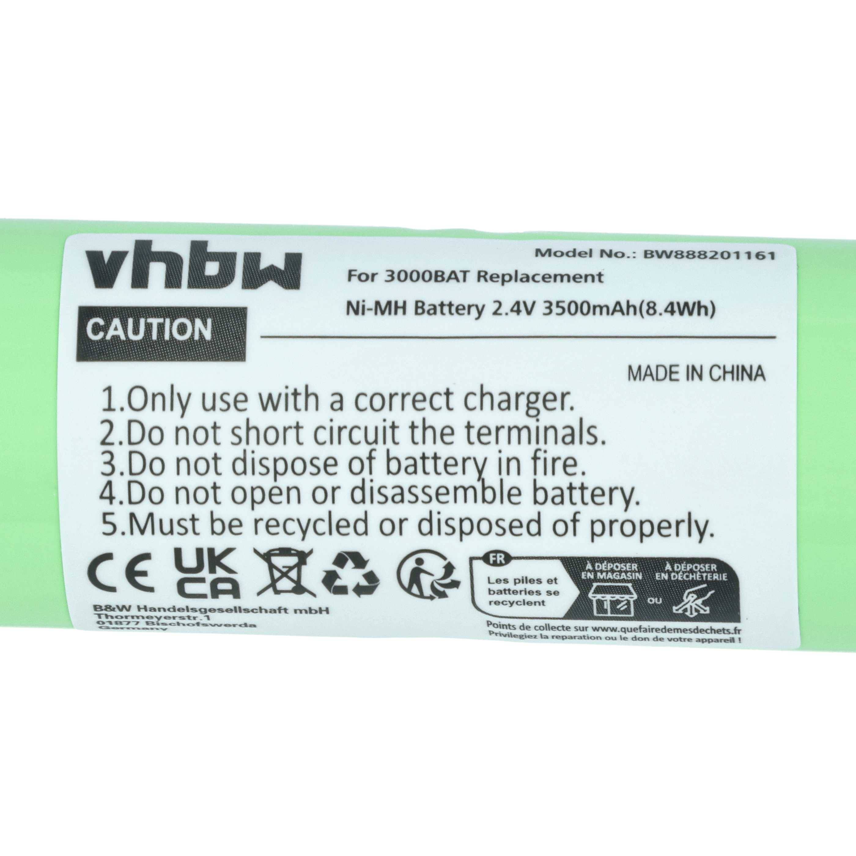 vhbw Ni-MH Akku 2,4V 3500mAh für 3000BAT Ersatz; Vorsicht: Verwenden Sie das richtige Ladegerät, vermeiden Sie Kurzschlüsse, recyceln Sie ordnungsgemäß.