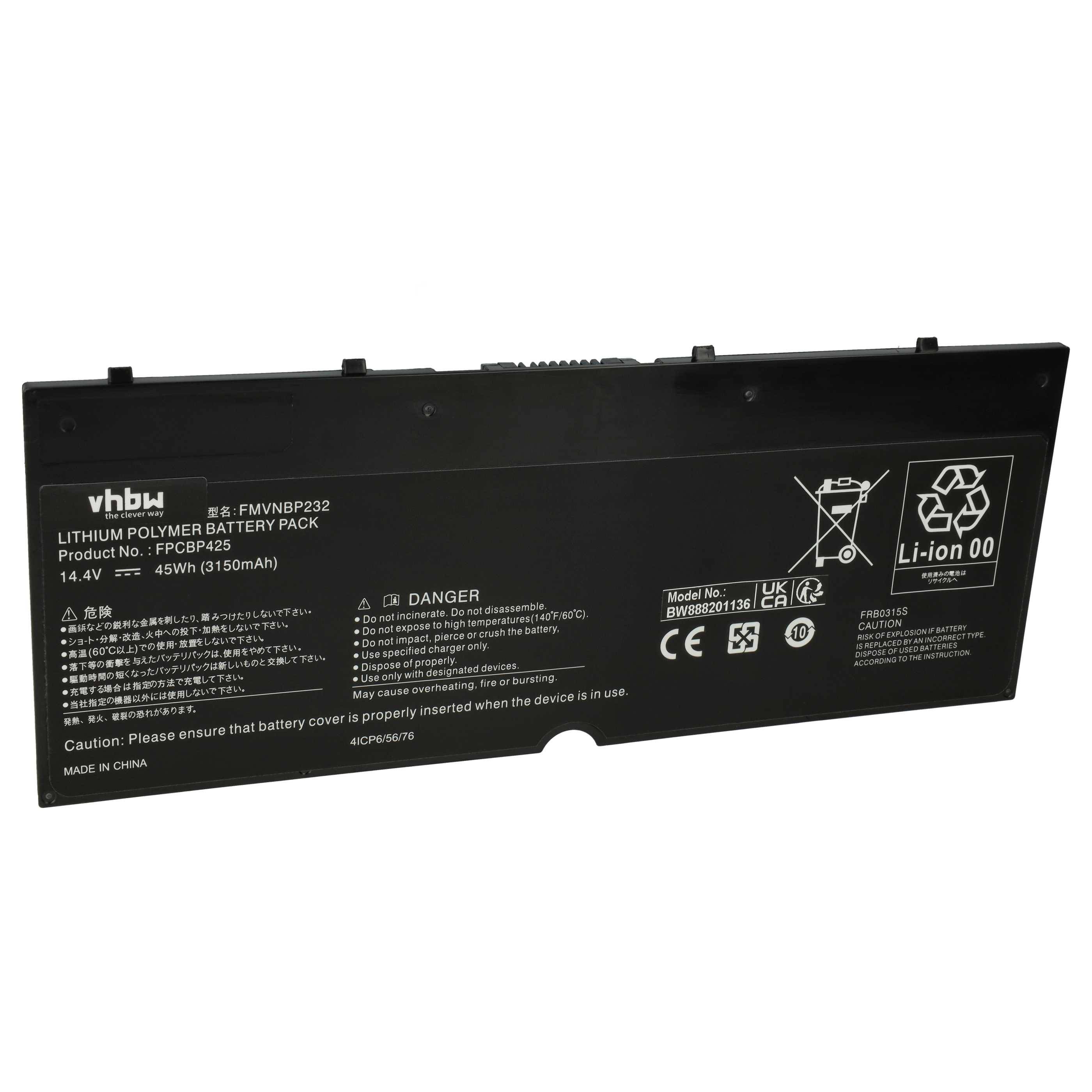 vhbw 1x Akku kompatibel mit Fujitsu LifeBook LifeBook T935, LifeBook U745, T904U, T904 Notebook (3050 mAh, 14,4 V, Li-Ion)