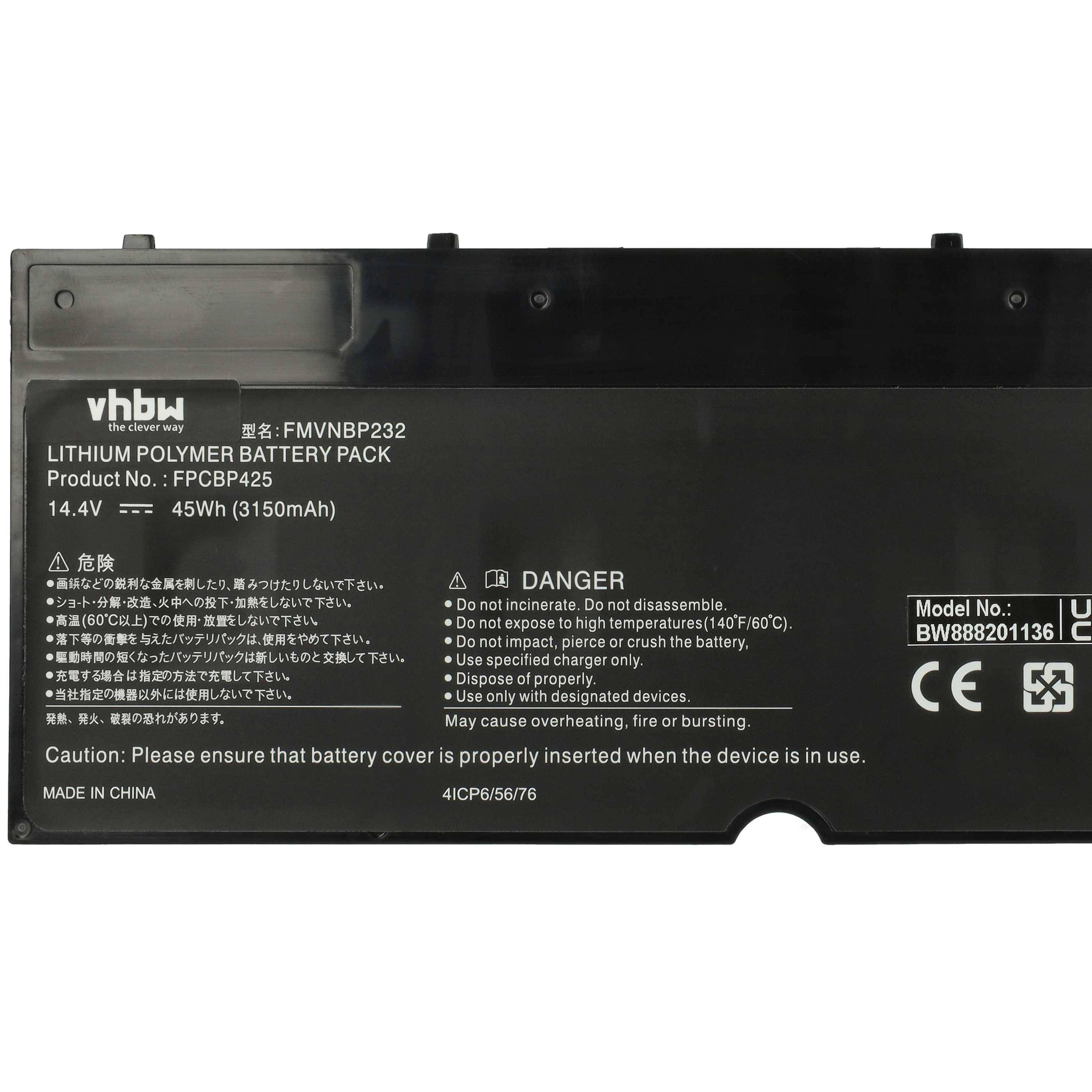 vhbw 1x Akku Ersatz für Fujitsu FPCBP425AP, CP651077-02, FMVNBP232, FPCBP425 für Notebook (3050 mAh, 14,4 V, Li-Ion)
