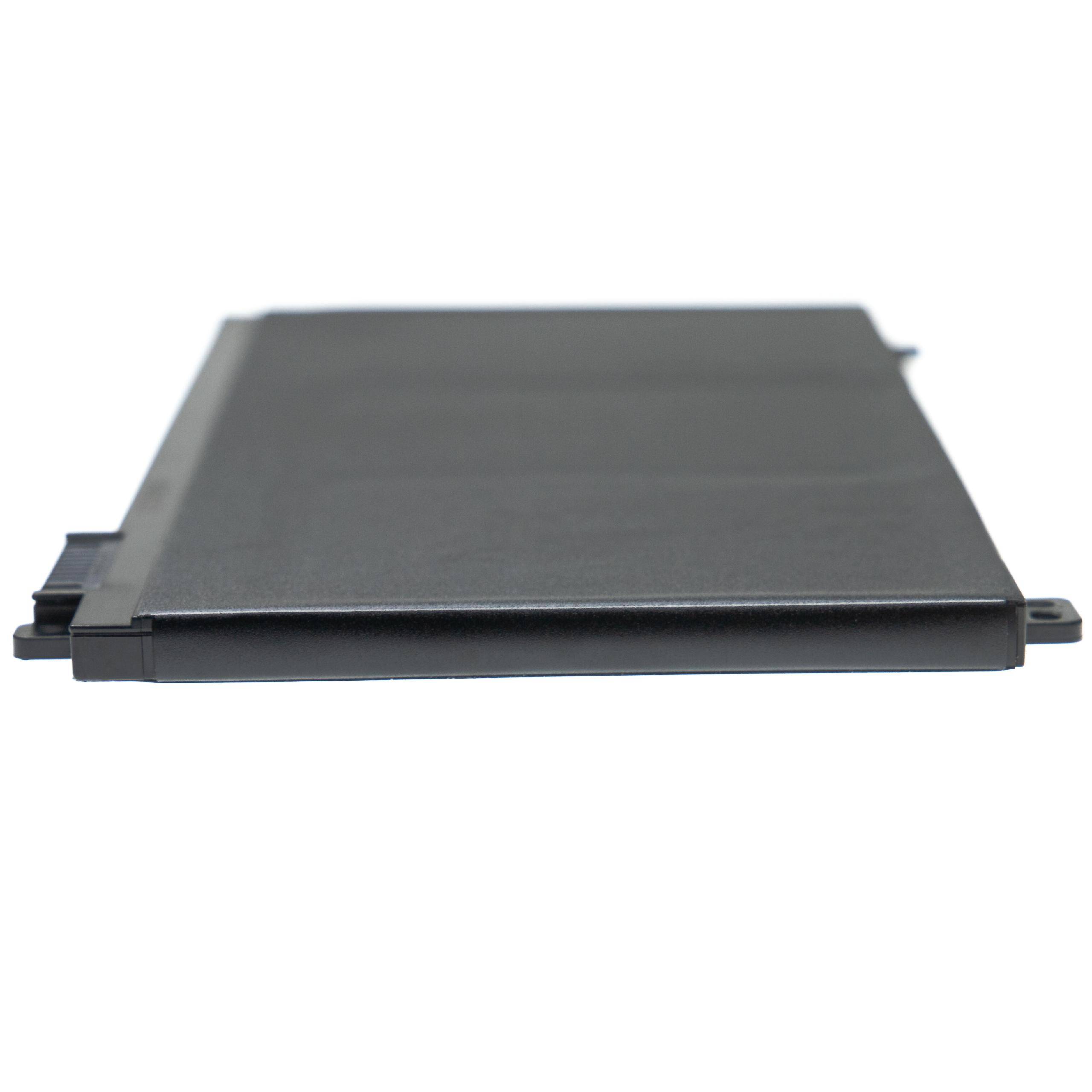 Eine schlanke, rechteckige schwarze Laptop-Batterie wird aus einem seitlichen Winkel gezeigt und hebt ihr kompaktes Design hervor.