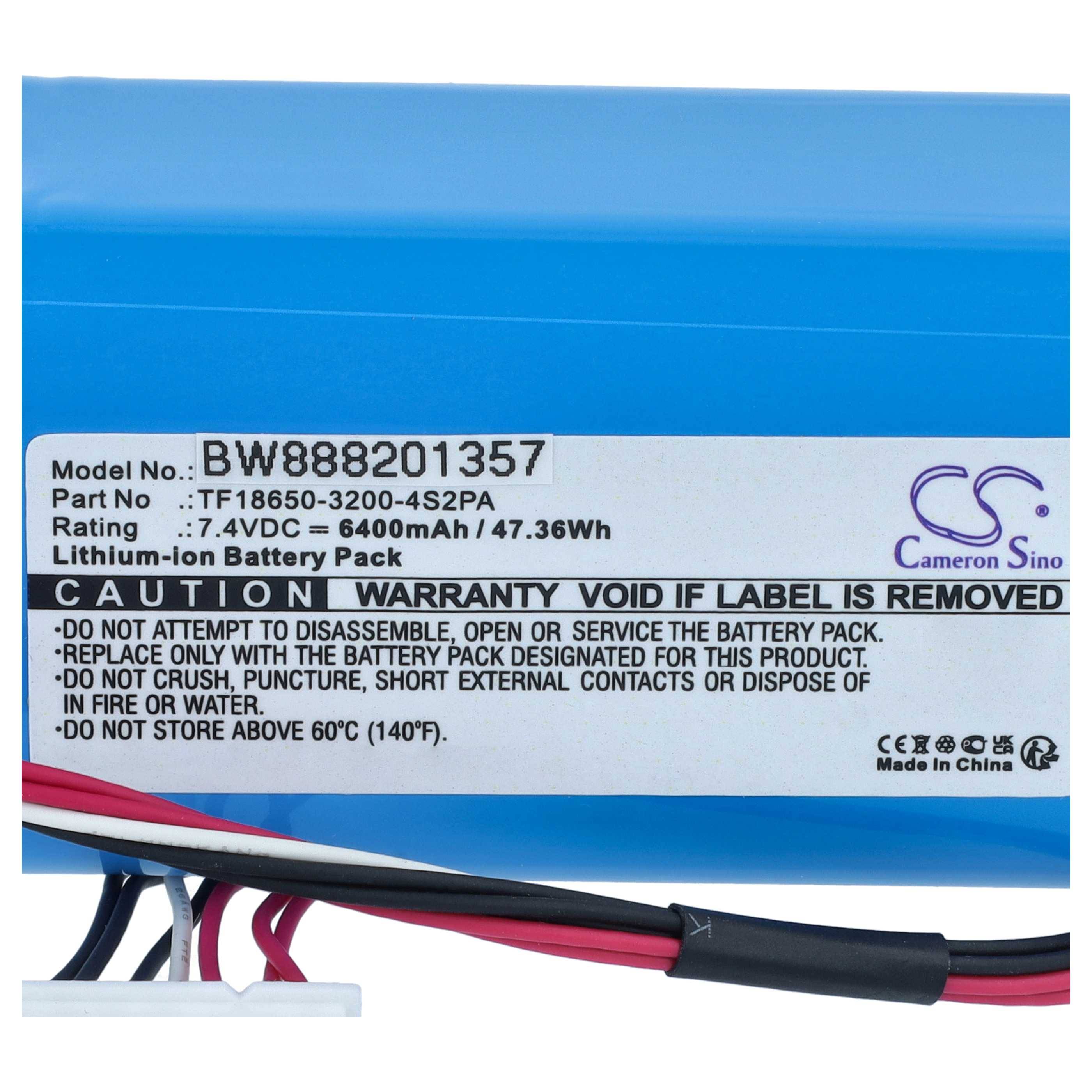 Etikett auf einem Lithium-Ionen-Akkupack mit Modell BW888201357, 7,4V 6400mAh 47,36Wh, mit Warntext und angebrachten roten und schwarzen Drähten.