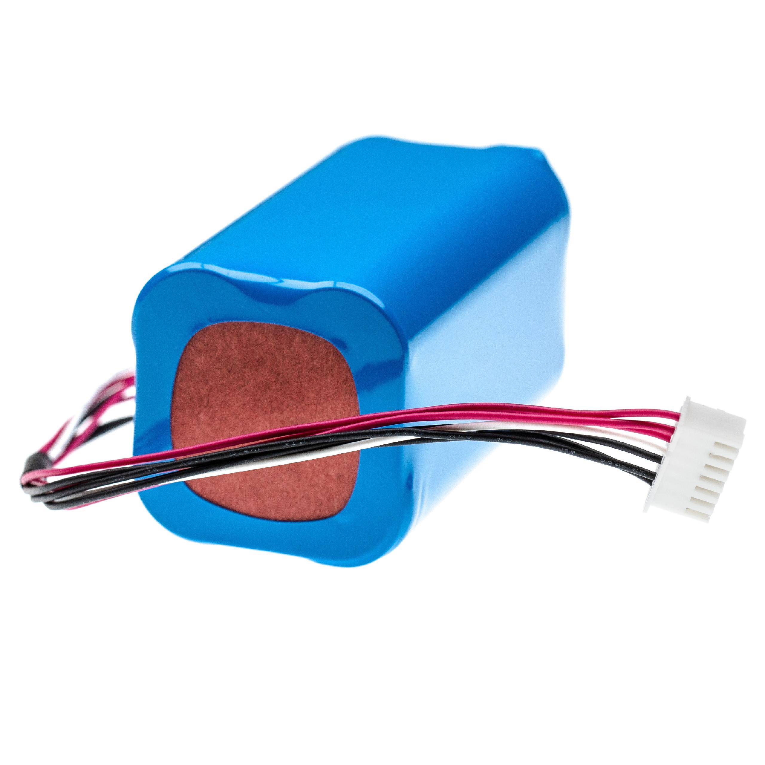 Ein blauer Batteriepack mit roten und schwarzen Kabeln und einem weißen Anschluss, der in elektronischen Geräten zur Stromversorgung verwendet wird.