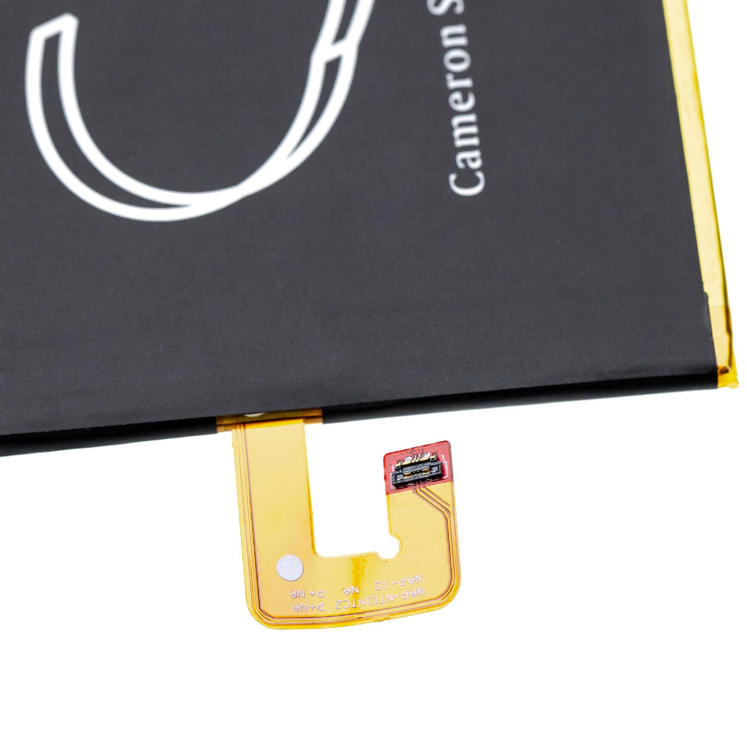 Eine Nahaufnahme einer dünnen, rechteckigen Batterie mit einem Flexkabel, beschriftet mit 'Cameron Sino'.