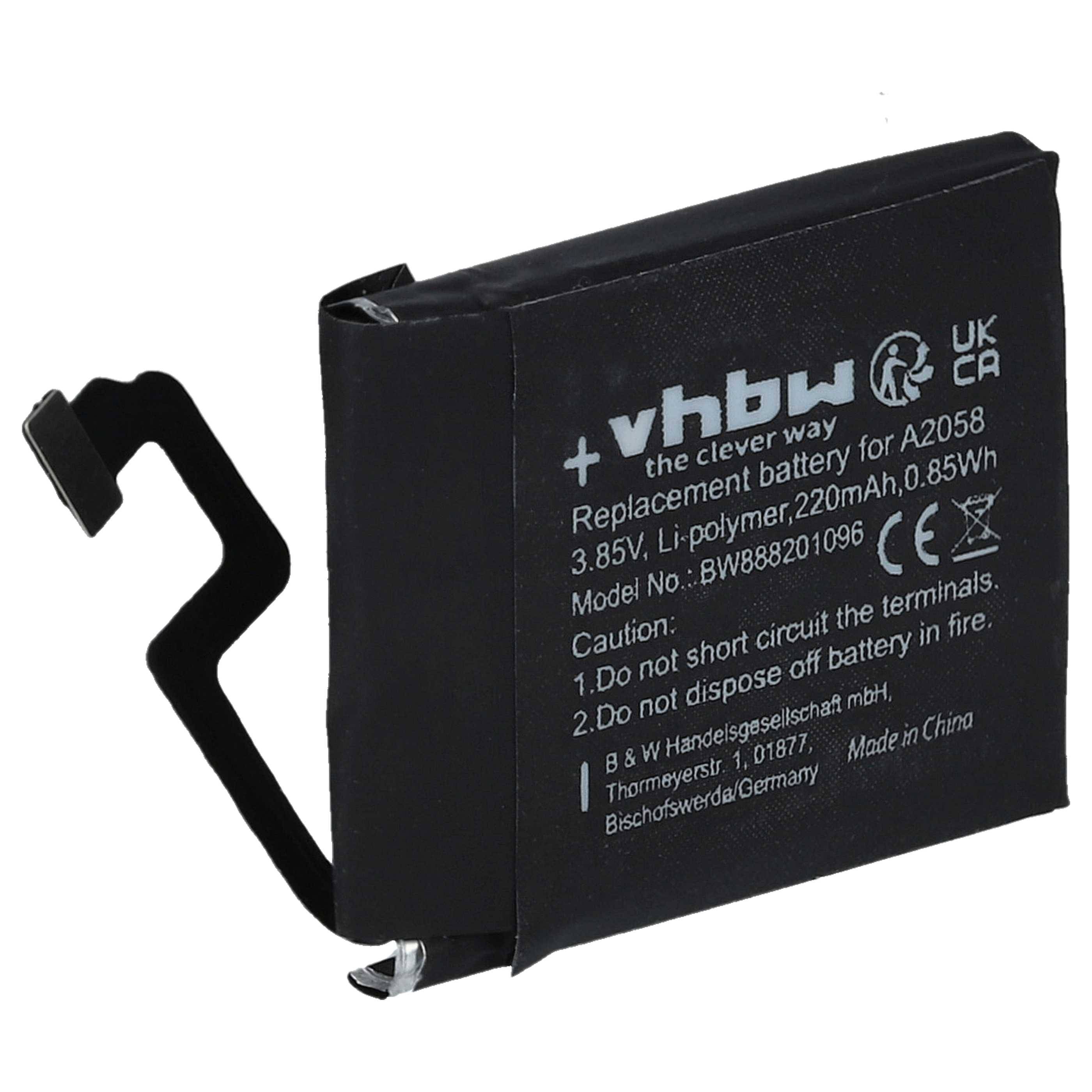 „vhbw Ersatzbatterie für A2058, 3,85V, Li-Polymer, 220mAh, 0,85Wh. Vorsicht: Kurzschluss vermeiden oder in Feuer werfen.