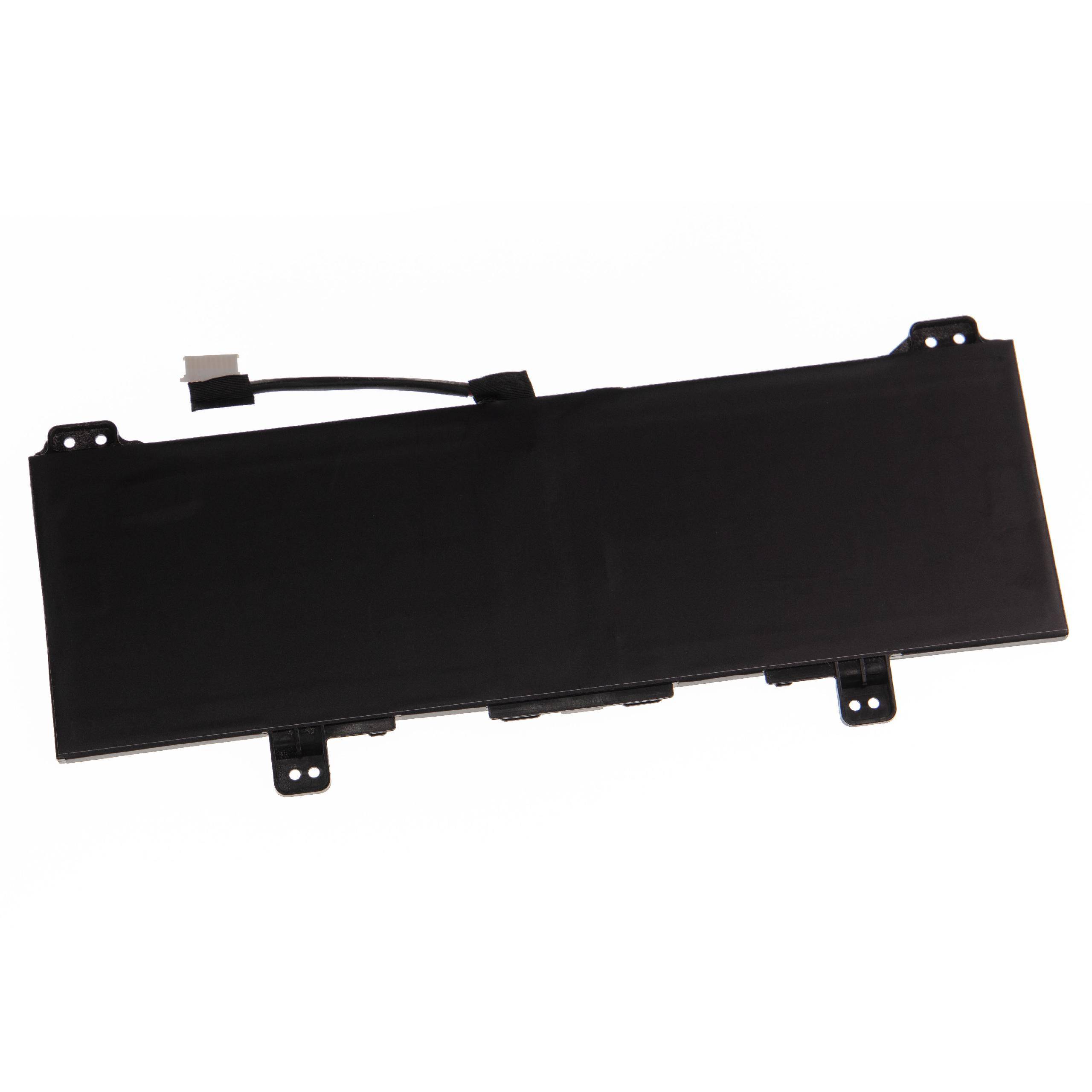 Eine rechteckige schwarze Laptop-Batterie mit einem Verbindungskabel an einem Ende. Sie hat Befestigungshalterungen an jeder Ecke.