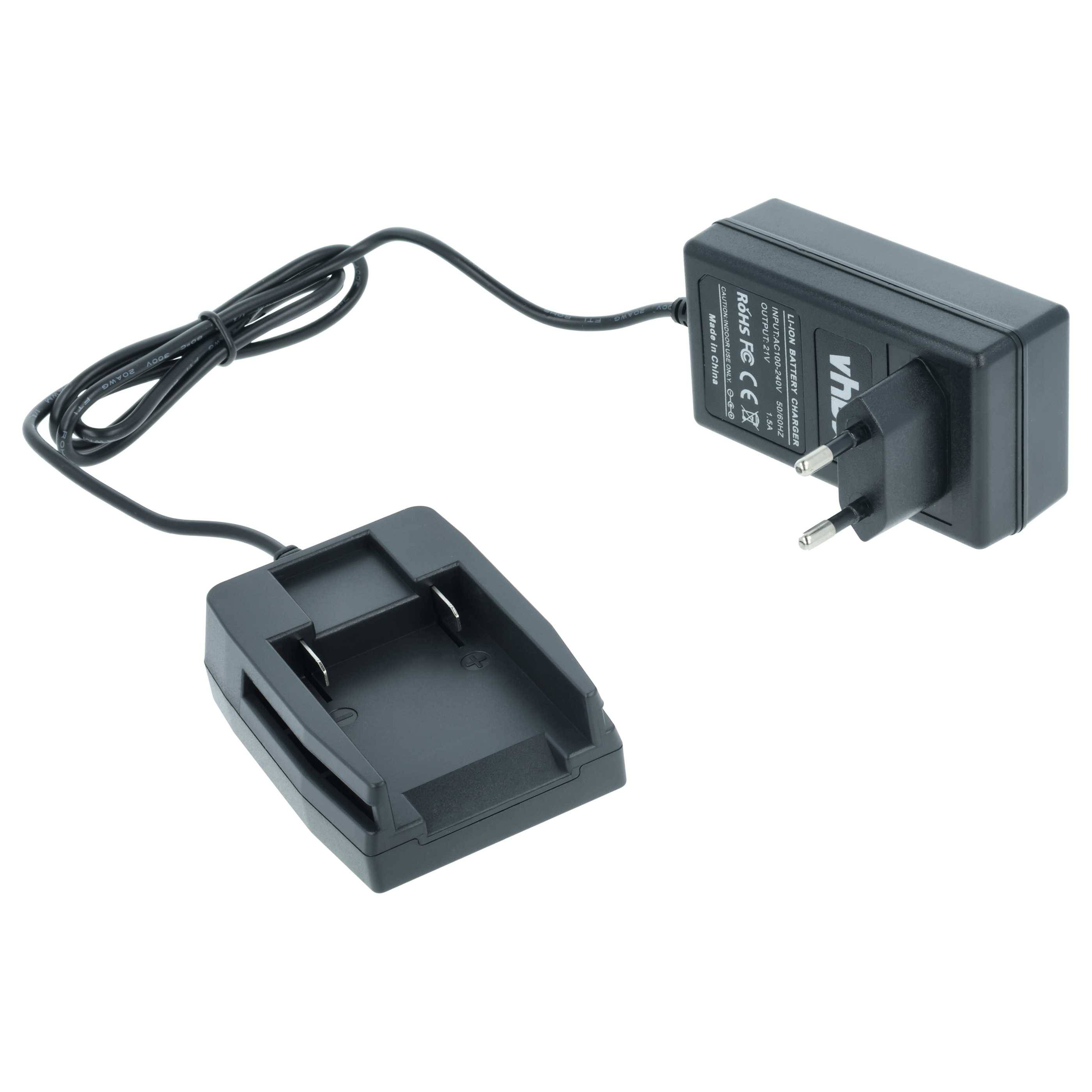 Ein schwarzer Wandstecker-Ladegerät mit einem angeschlossenen Kabel, das zu einer Batterie-Dockingstation führt. Die Dockingstation ist speziell für das Aufladen bestimmter Batterien konzipiert.