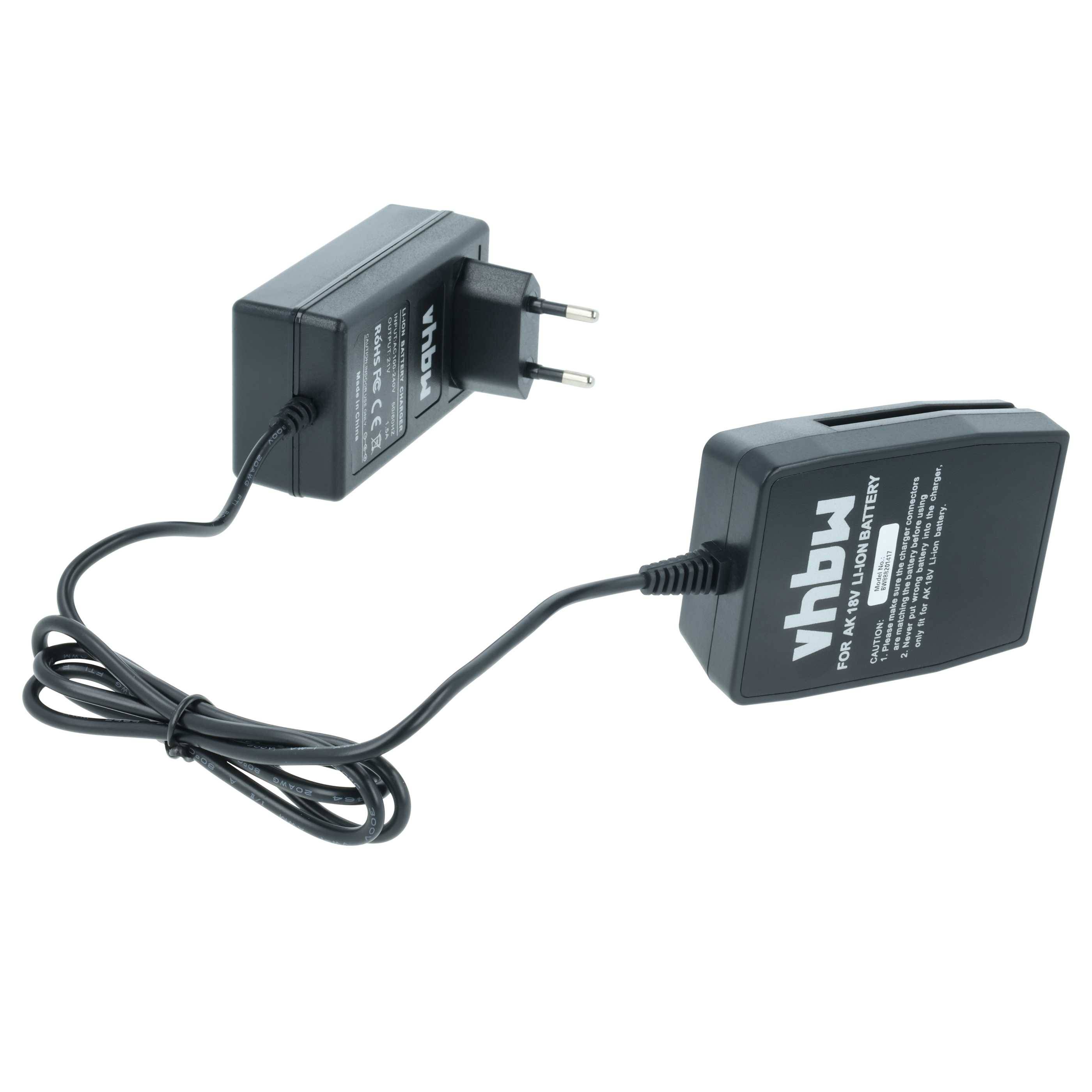 Ein schwarzer Netzadapter mit einem zweipinnigen Stecker und einem angeschlossenen Kabel, mit der Aufschrift „vhbw