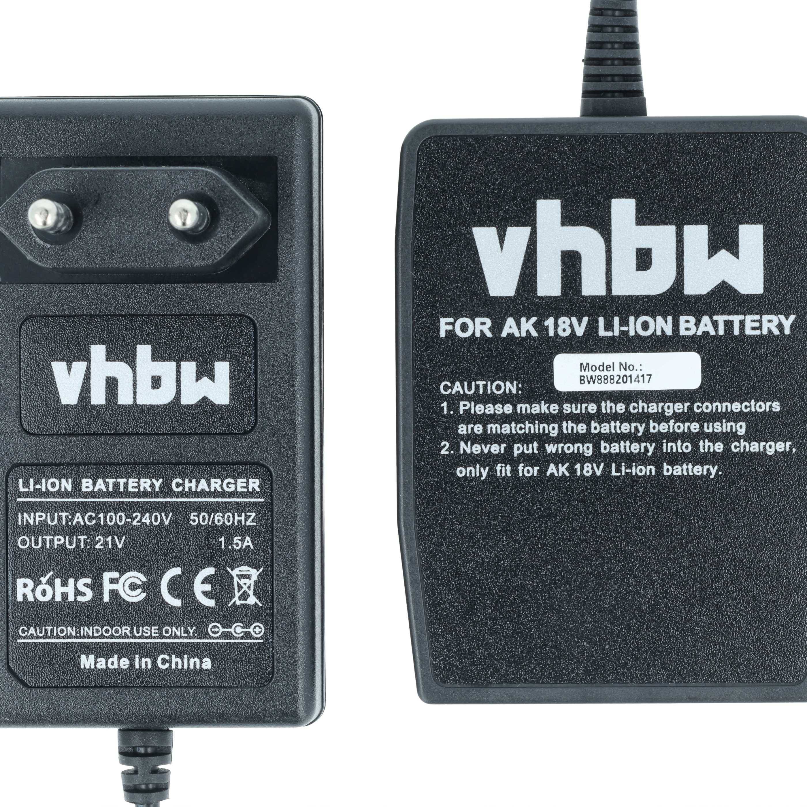 Das Bild zeigt ein vhbw Li-Ionen-Batterieladegerät mit einem Steckernetzkabel und Text über die richtige Batterienutzung. Stromeingang: 100-240V, 50/60Hz.