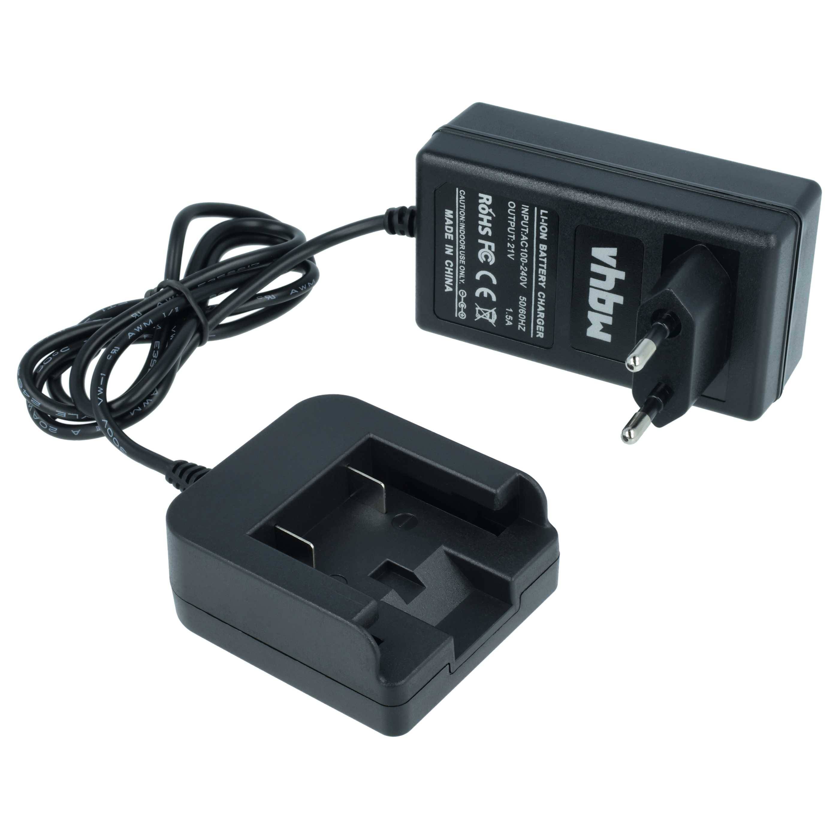 Ein schwarzer Ladeadapter mit Stromstecker und kompatible Dockingstation für elektronische Geräte, auf denen Konformitätskennzeichnungen und vhbw-Branding angezeigt werden.