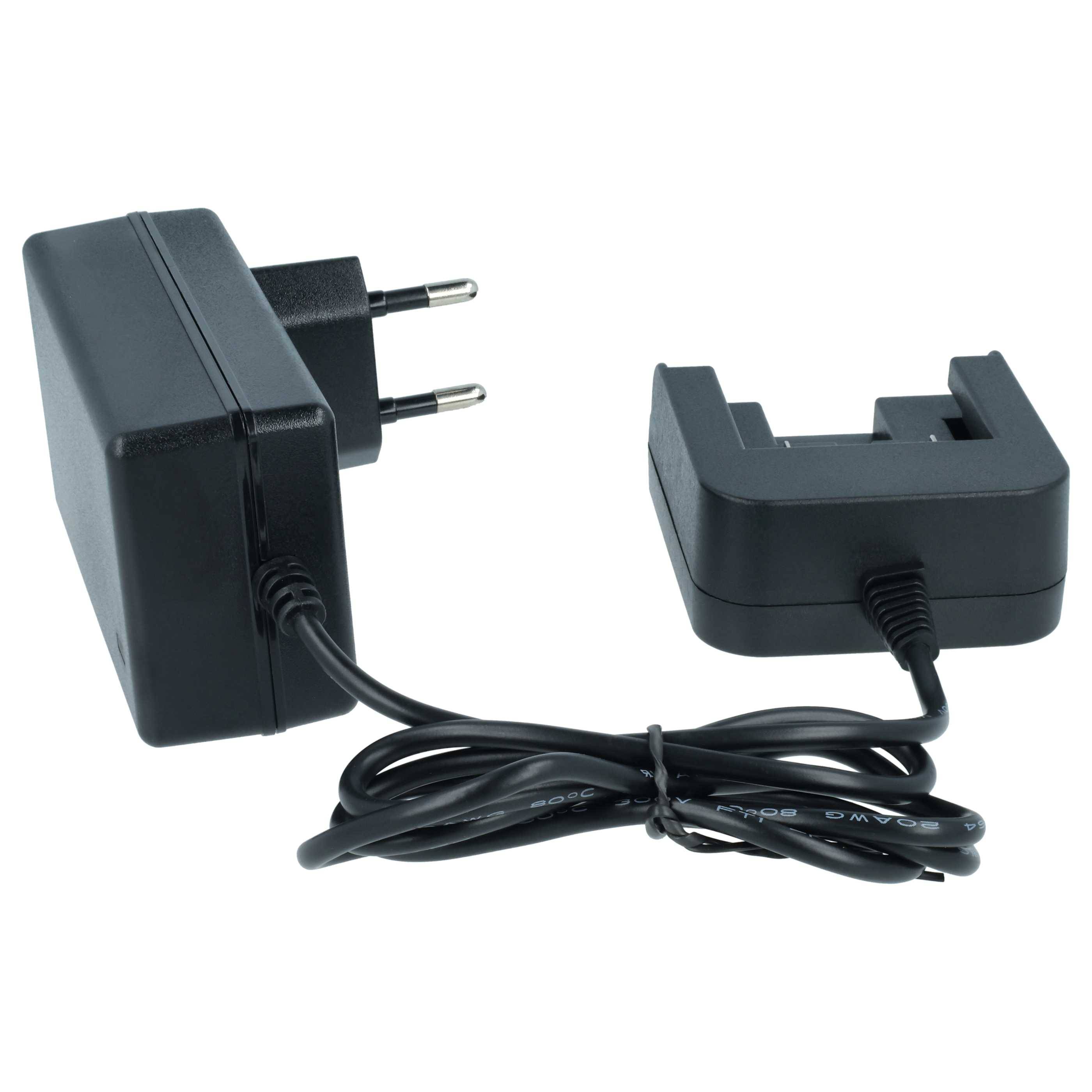 Ein schwarzer Wandladapter mit zwei Stiften neben einer verbundenen Ladestation. Der Adapter hat ein spiralförmiges Kabel, das zur Station führt.
