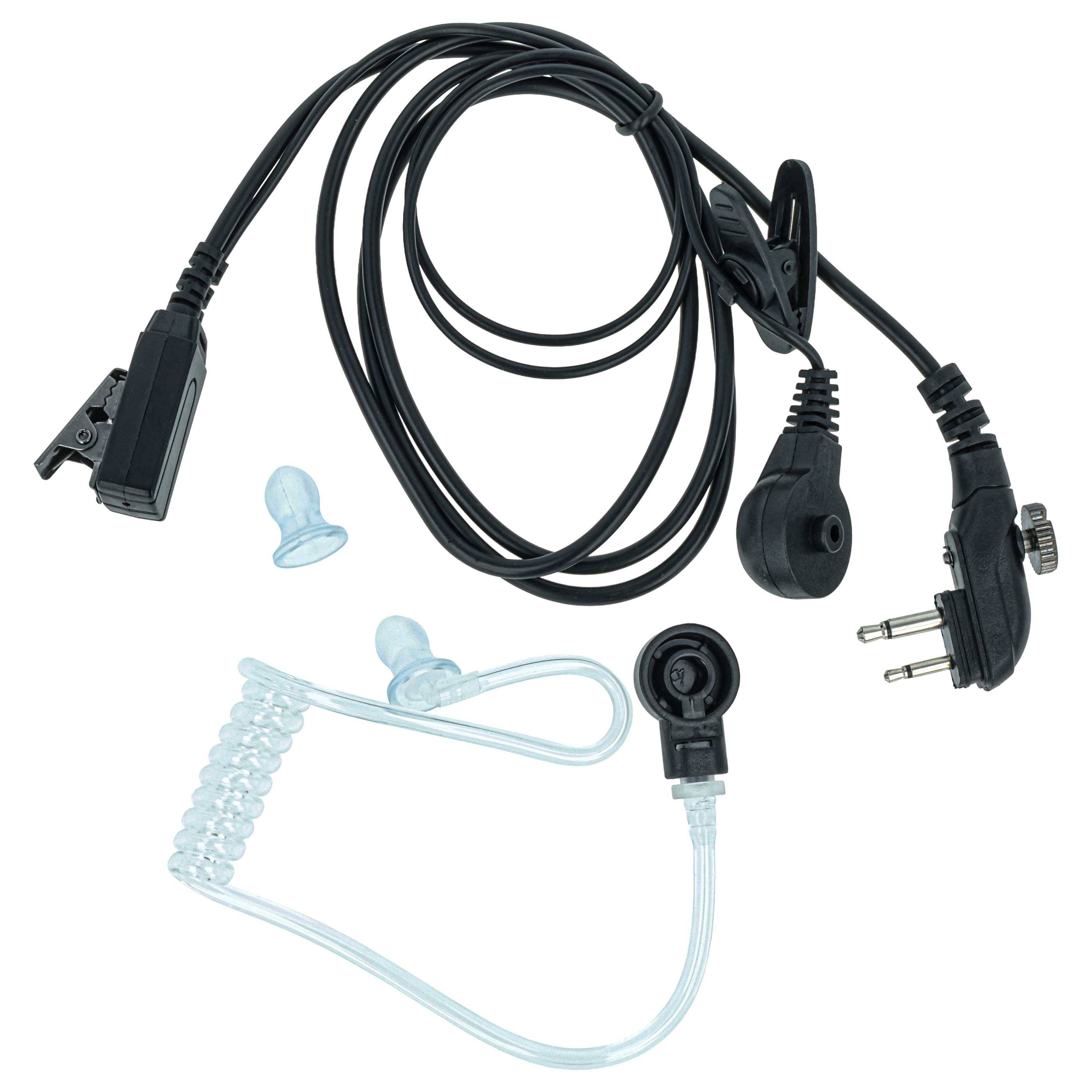 Schwarzes Zweikontakt-Funkgerät-Ohrstöpsel mit aufgewickelter transparenter akustischer Röhre und Klammer, inklusive zwei zusätzlicher Silikon-Ohrstöpsel.