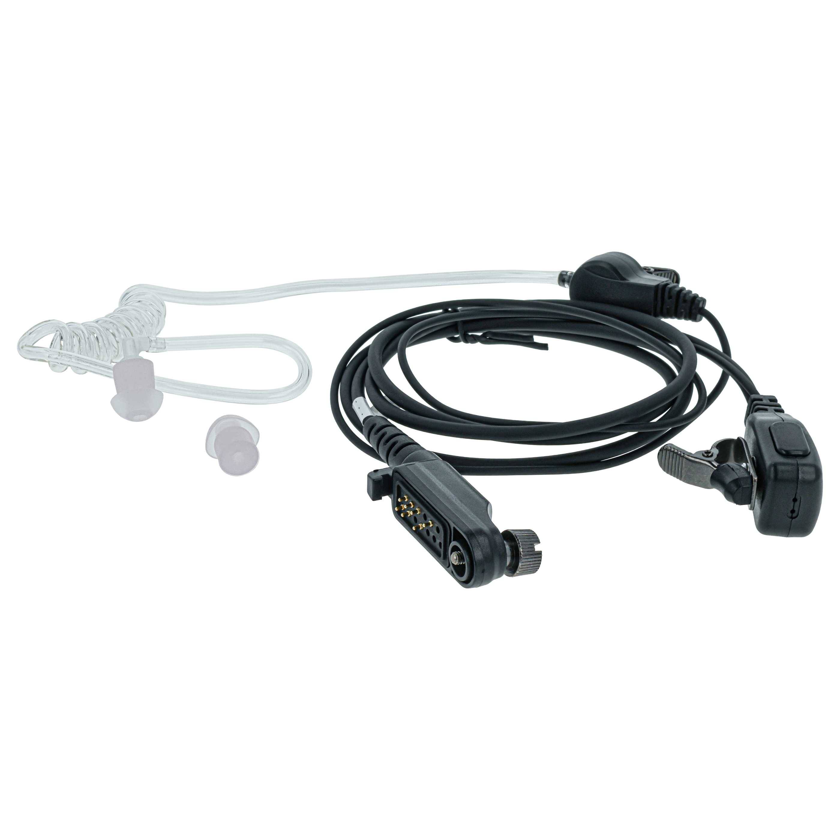 Kopfhörer mit Spiralschlauch und Stecker, entwickelt für diskrete Kommunikation, häufig in professionellen Umgebungen wie Sicherheit verwendet.