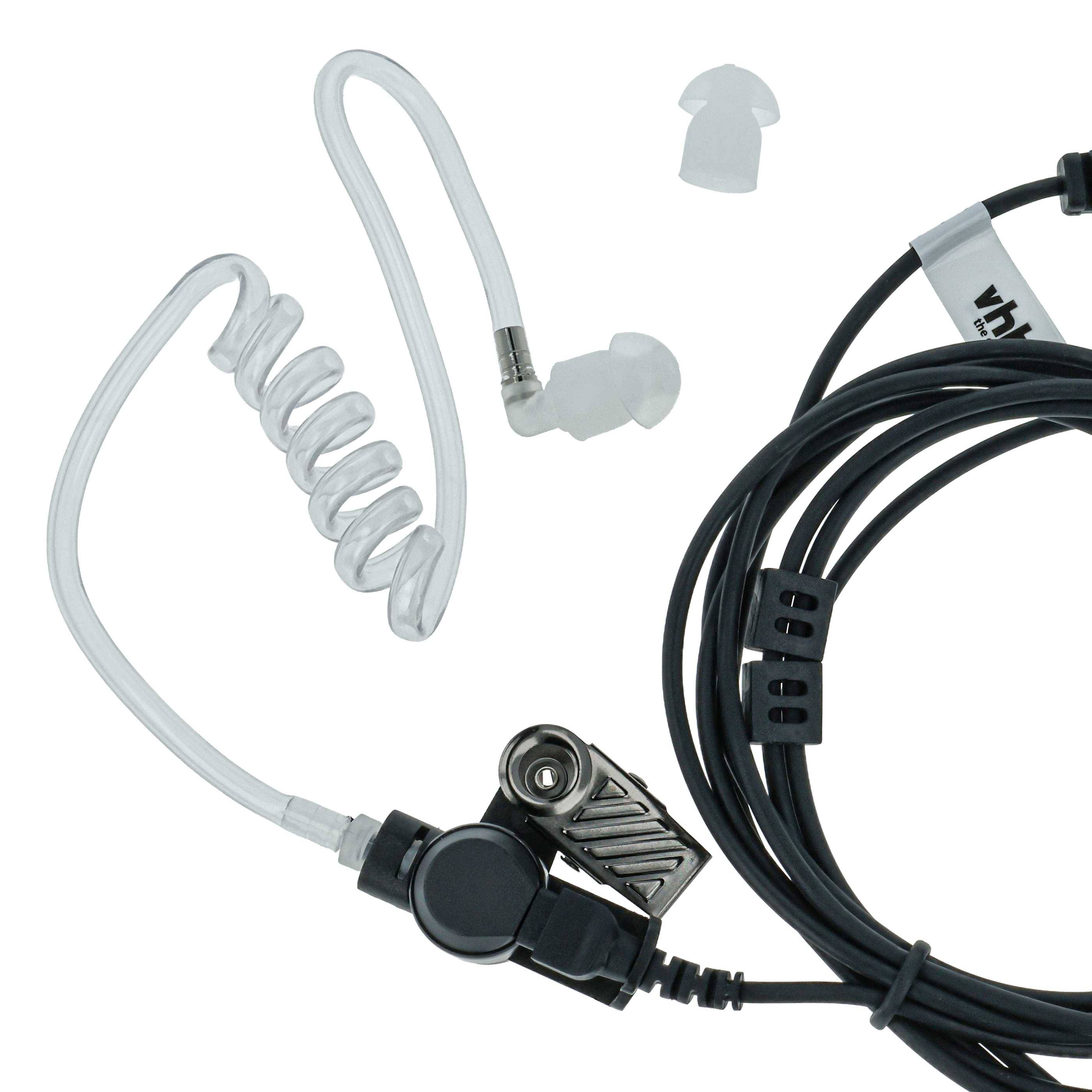 Ein Ohrhörer mit schwarzem akustischem Schlauch, Clip-Befestigung und transparentem Ohreinsatz; häufig für diskrete Kommunikation verwendet.