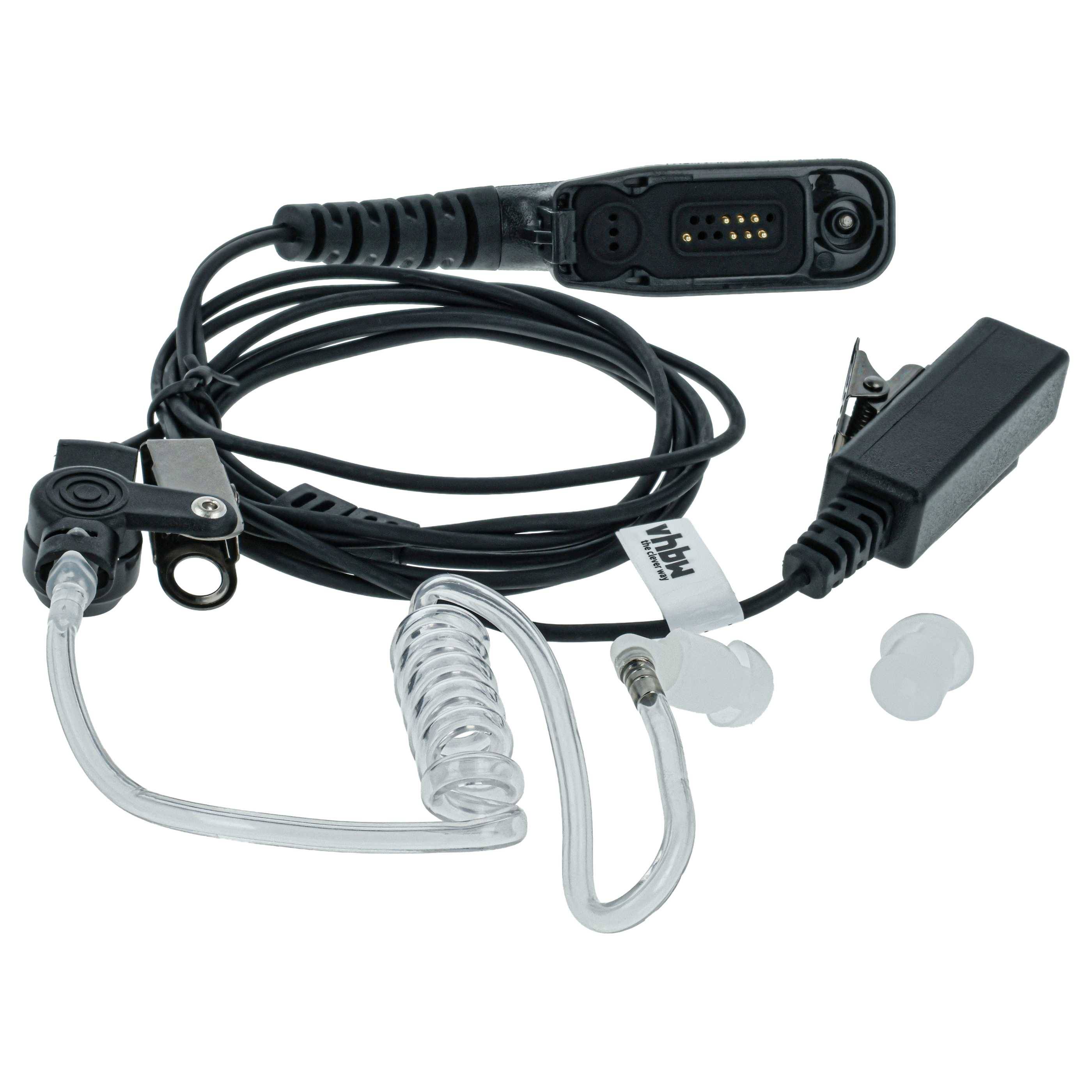 Ohrhörer mit gewundenem Schallschlauch, Lautsprecher und Druckknopf-Sprech-Mikrofon, verwendet für diskrete Kommunikation, dargestellt auf weißem Hintergrund.