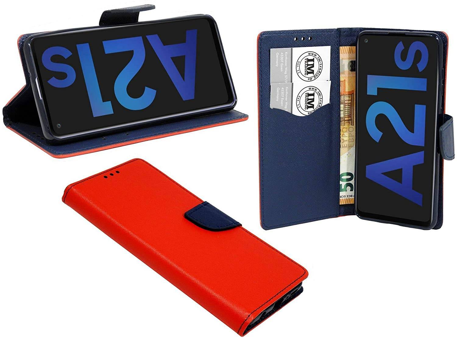Buch Tasche "Fancy" kompatibel mit SAMSUNG GALAXY A21s (A217F) Handy Hülle Etui Brieftasche Schutzhülle mit Standfunktion, Kartenfach Rot-Blau