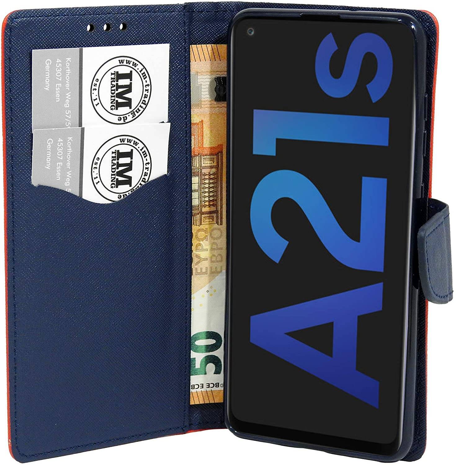 Buch Tasche "Fancy" kompatibel mit SAMSUNG GALAXY A21s (A217F) Handy Hülle Etui Brieftasche Schutzhülle mit Standfunktion, Kartenfach Rot-Blau