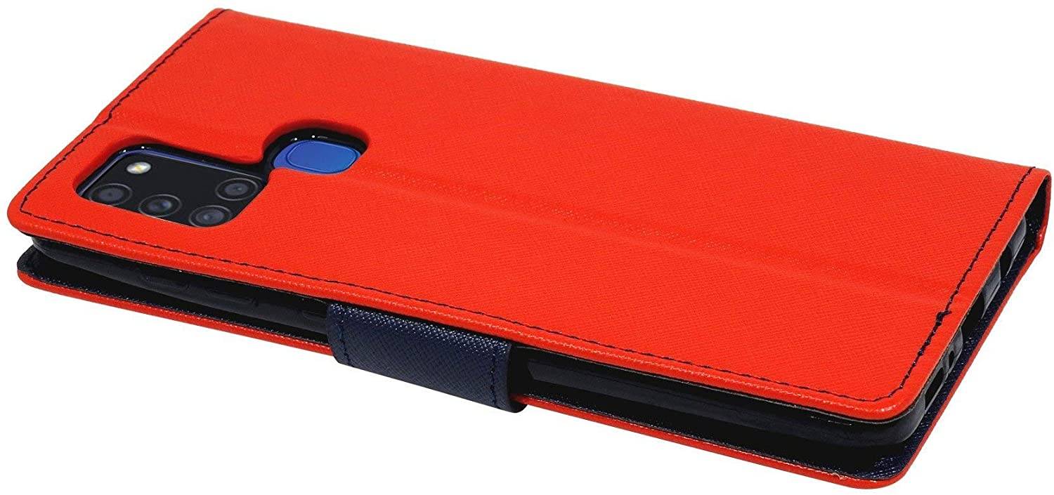Buch Tasche "Fancy" kompatibel mit SAMSUNG GALAXY A21s (A217F) Handy Hülle Etui Brieftasche Schutzhülle mit Standfunktion, Kartenfach Rot-Blau