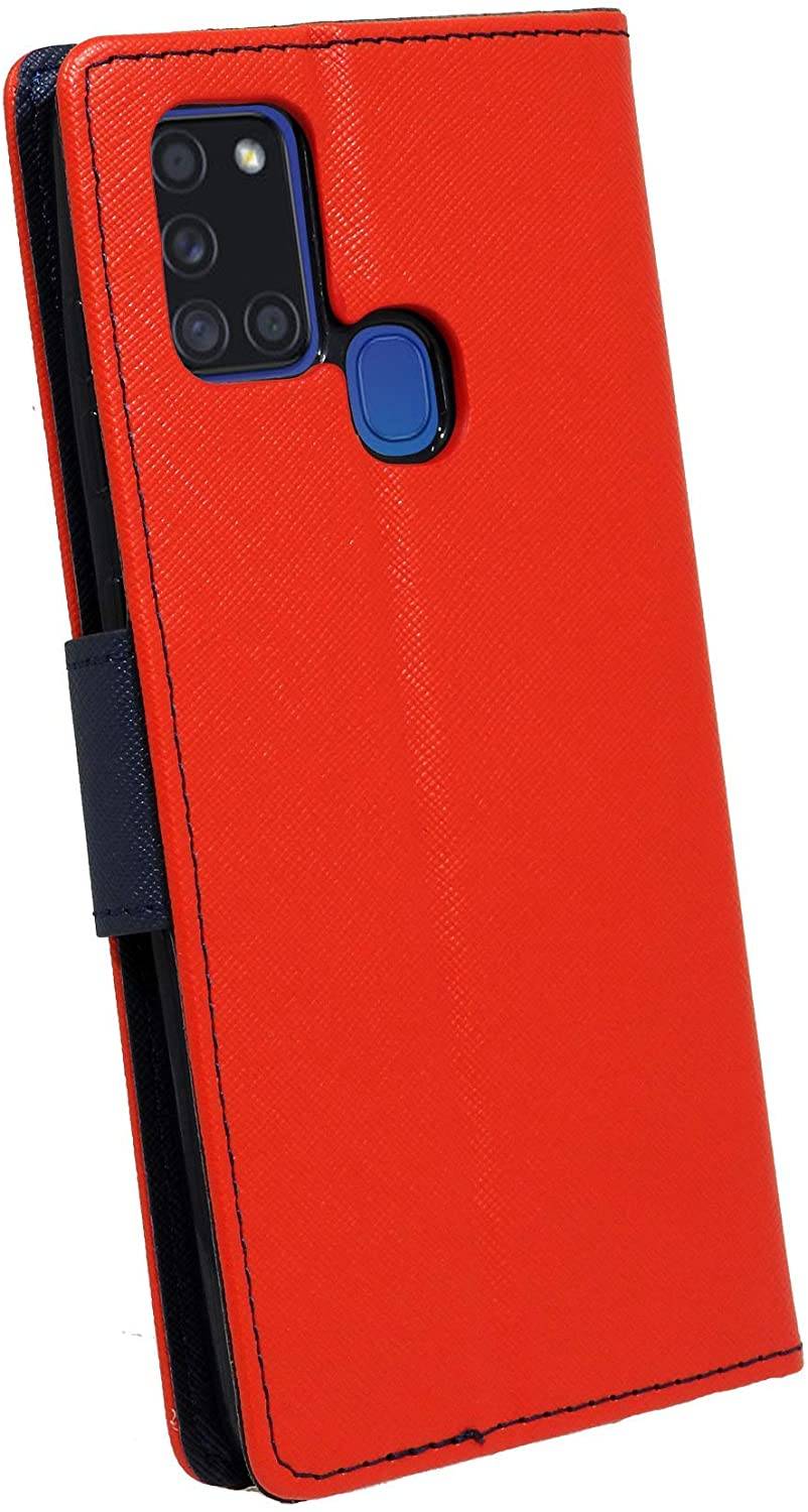 Buch Tasche "Fancy" kompatibel mit SAMSUNG GALAXY A21s (A217F) Handy Hülle Etui Brieftasche Schutzhülle mit Standfunktion, Kartenfach Rot-Blau