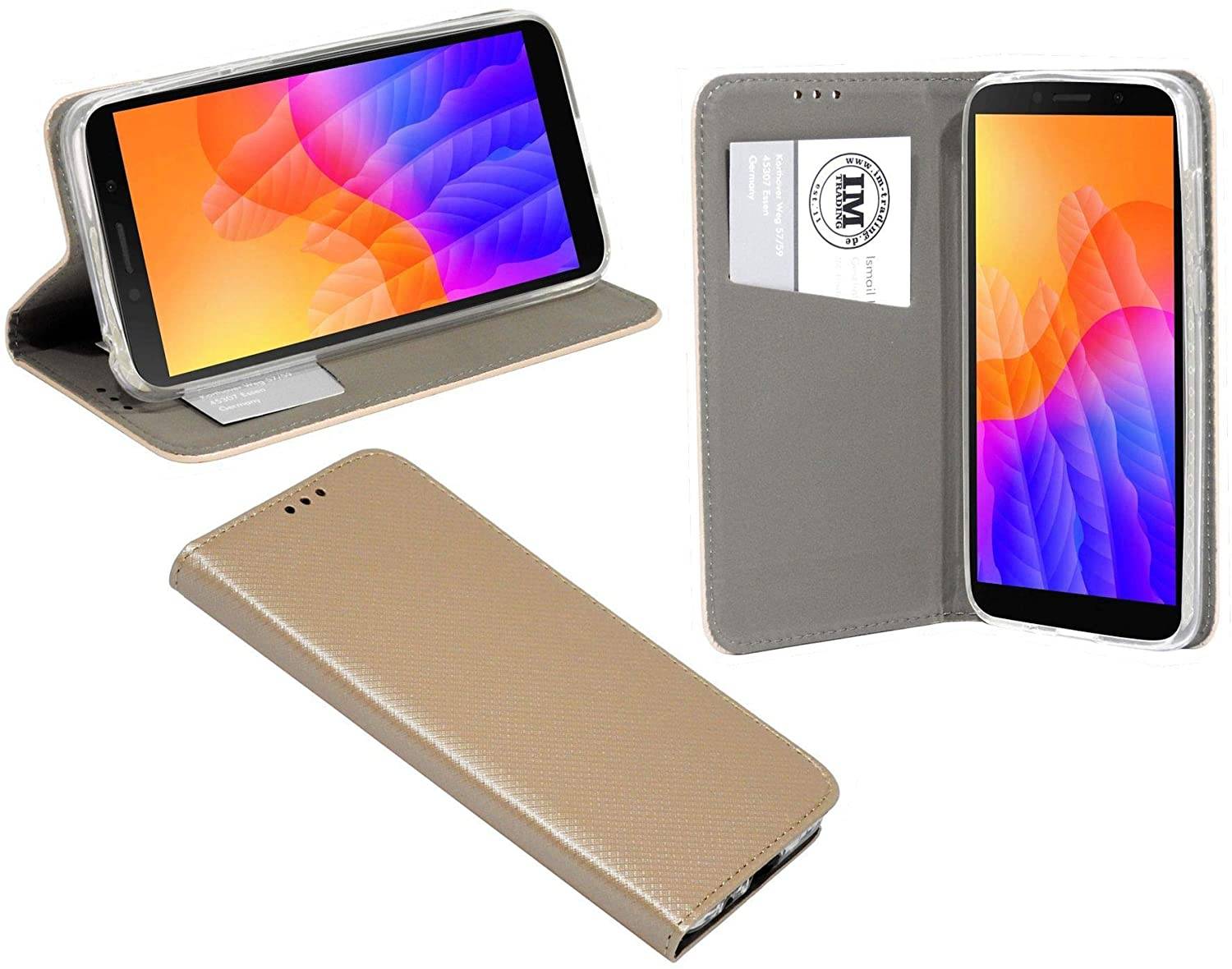 Buch Tasche "Smart" kompatibel mit HUAWEI Y5P Handy Hülle Etui Brieftasche Schutzhülle mit Standfunktion, Kartenfach Gold