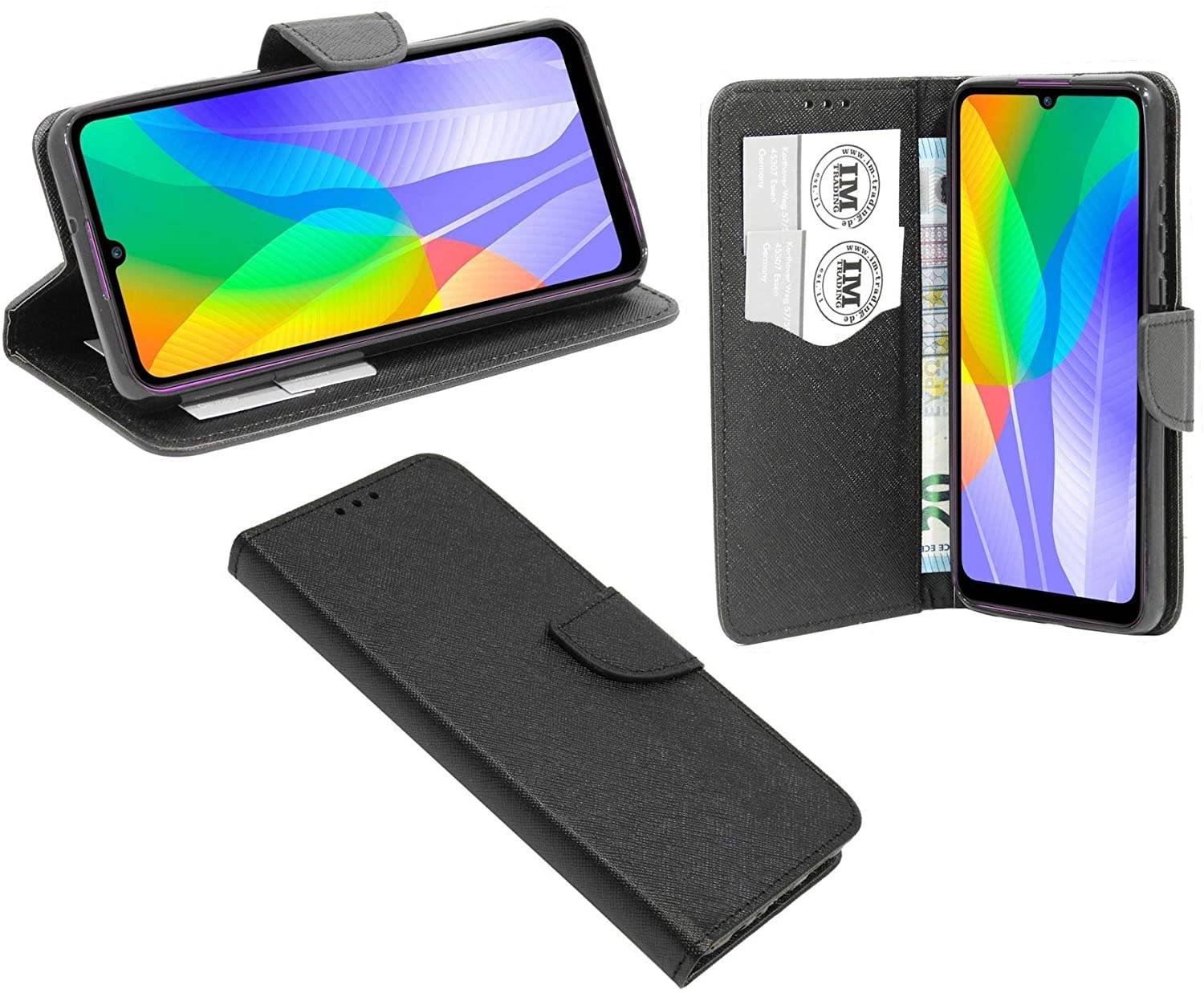 cofi1453® Buch Tasche "Fancy" kompatibel mit Huawei Y6P Handy Hülle Etui Brieftasche Schutzhülle mit Standfunktion, Kartenfach Schwarz