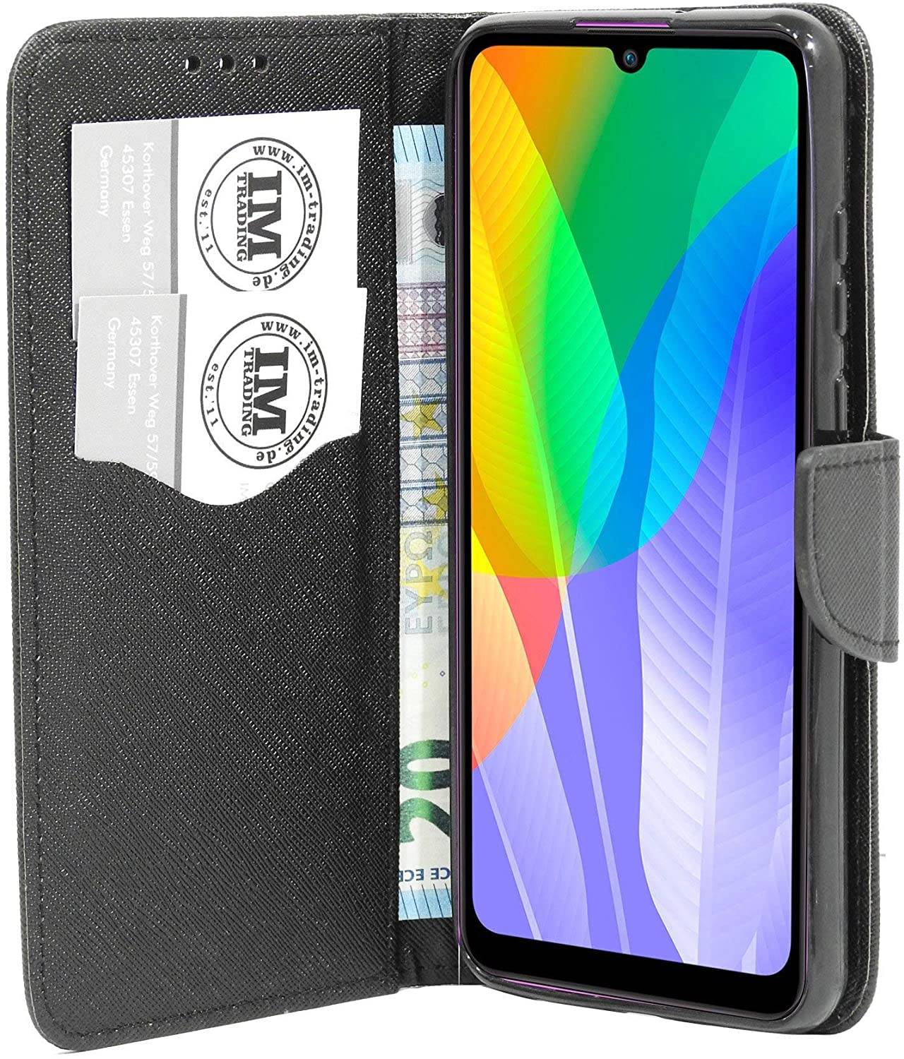 cofi1453® Buch Tasche "Fancy" kompatibel mit Huawei Y6P Handy Hülle Etui Brieftasche Schutzhülle mit Standfunktion, Kartenfach Schwarz