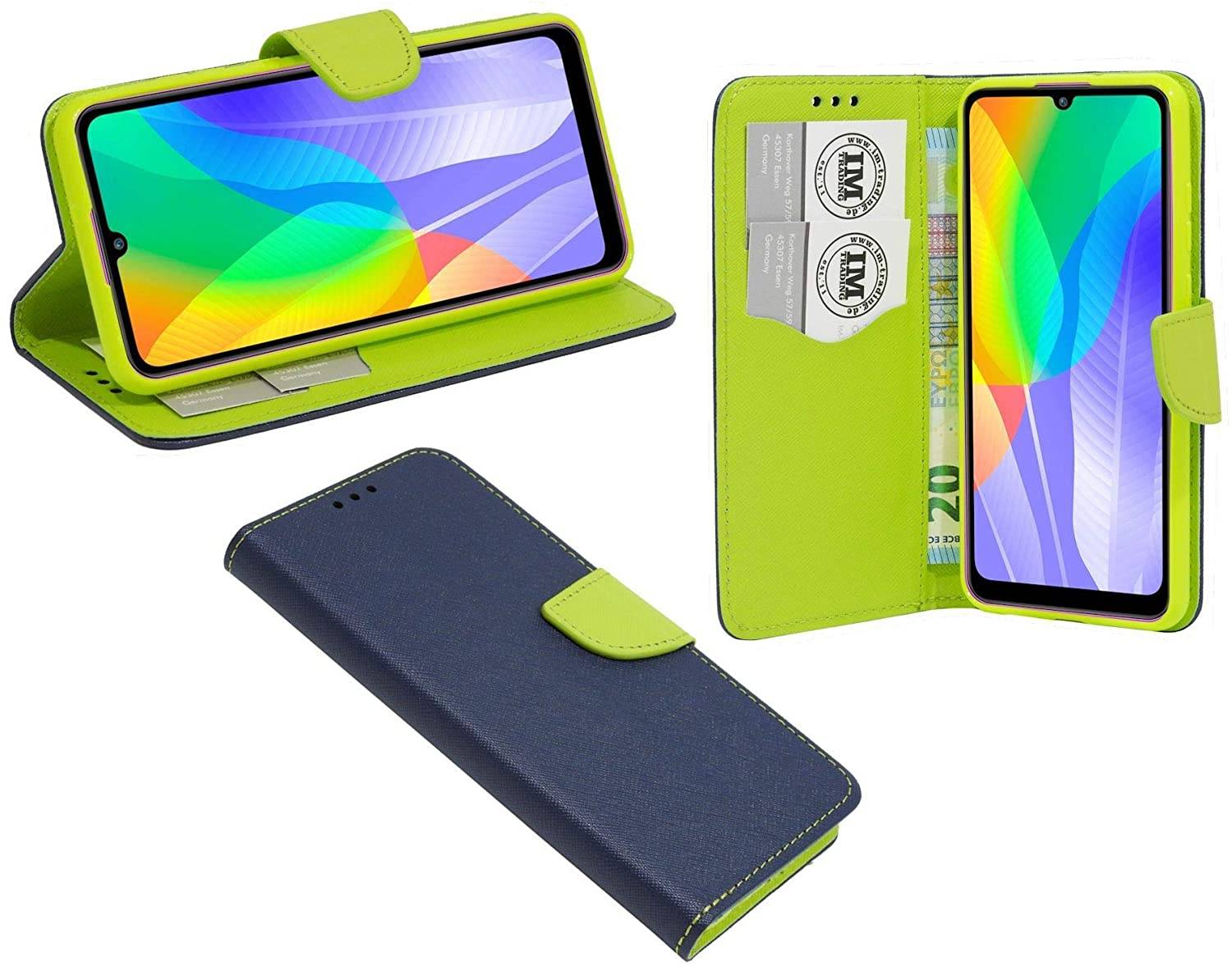 Buch Tasche "Fancy" kompatibel mit Huawei Y6P Handy Hülle Etui Brieftasche Schutzhülle mit Standfunktion, Kartenfach Blau-Grün