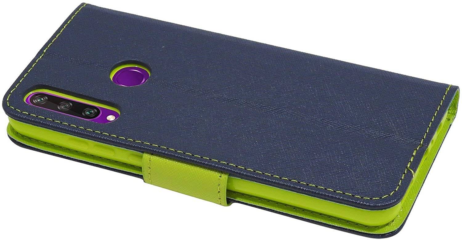 Buch Tasche "Fancy" kompatibel mit Huawei Y6P Handy Hülle Etui Brieftasche Schutzhülle mit Standfunktion, Kartenfach Blau-Grün