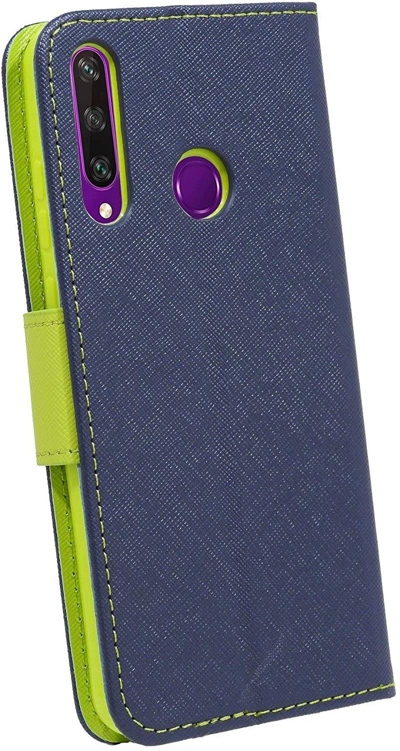 Buch Tasche "Fancy" kompatibel mit Huawei Y6P Handy Hülle Etui Brieftasche Schutzhülle mit Standfunktion, Kartenfach Blau-Grün