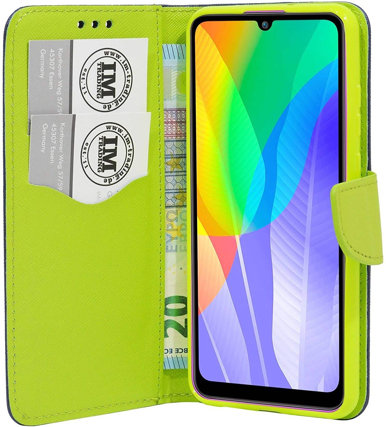 Buch Tasche "Fancy" kompatibel mit Huawei Y6P Handy Hülle Etui Brieftasche Schutzhülle mit Standfunktion, Kartenfach Blau-Grün