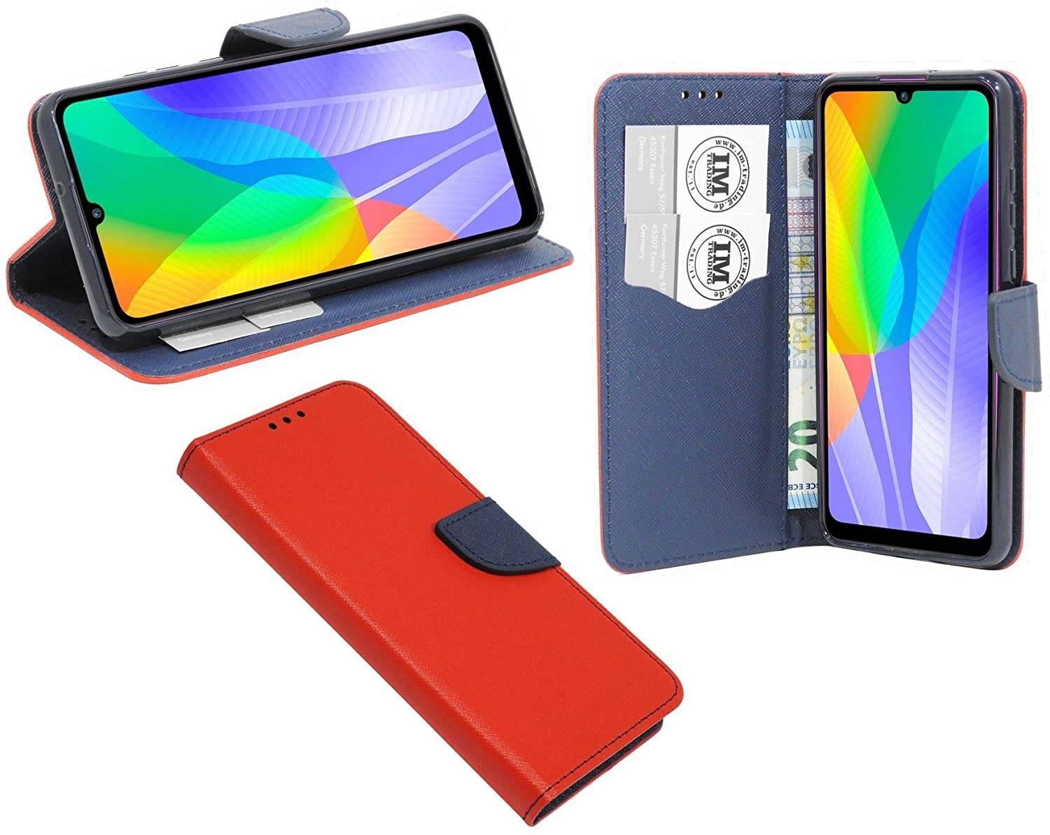 Buch Tasche "Fancy" kompatibel mit Huawei Y6P Handy Hülle Etui Brieftasche Schutzhülle mit Standfunktion, Kartenfach Rot-Blau