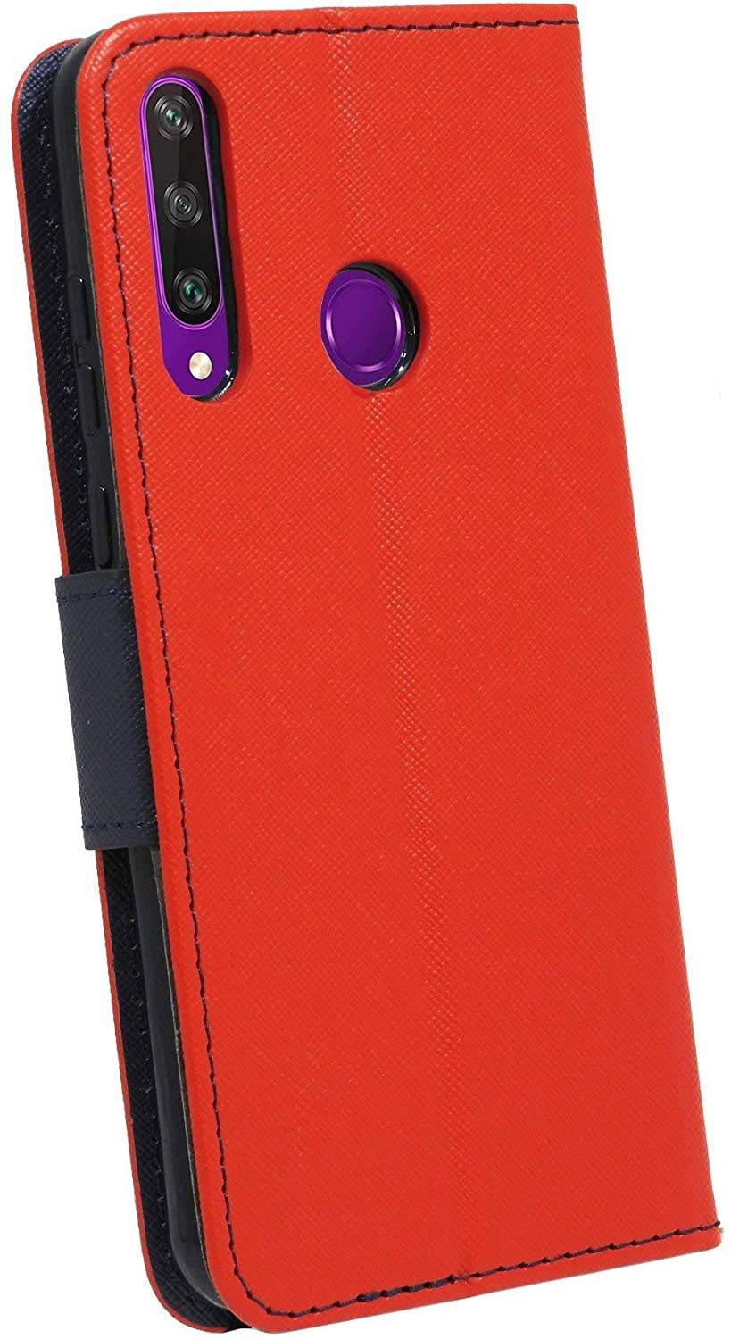 Buch Tasche "Fancy" kompatibel mit Huawei Y6P Handy Hülle Etui Brieftasche Schutzhülle mit Standfunktion, Kartenfach Rot-Blau