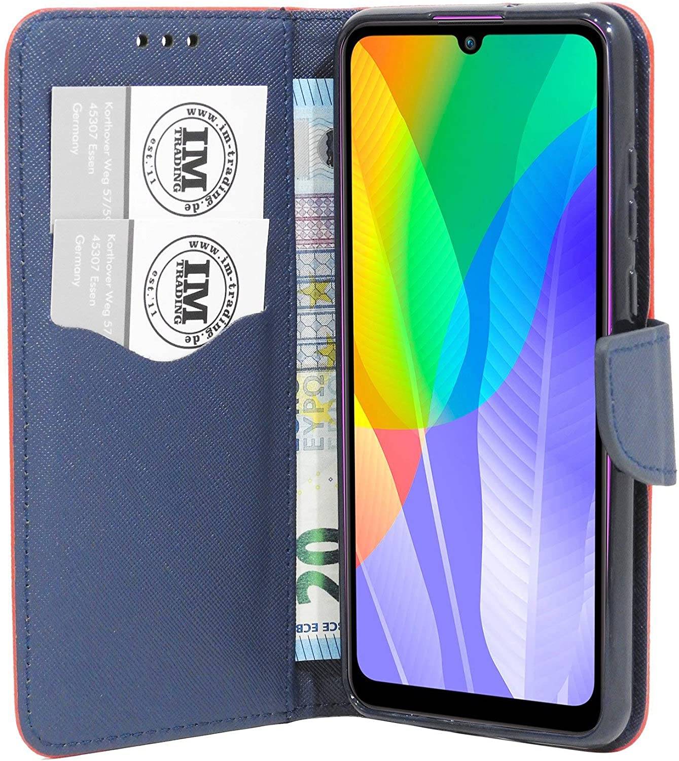 Buch Tasche "Fancy" kompatibel mit Huawei Y6P Handy Hülle Etui Brieftasche Schutzhülle mit Standfunktion, Kartenfach Rot-Blau
