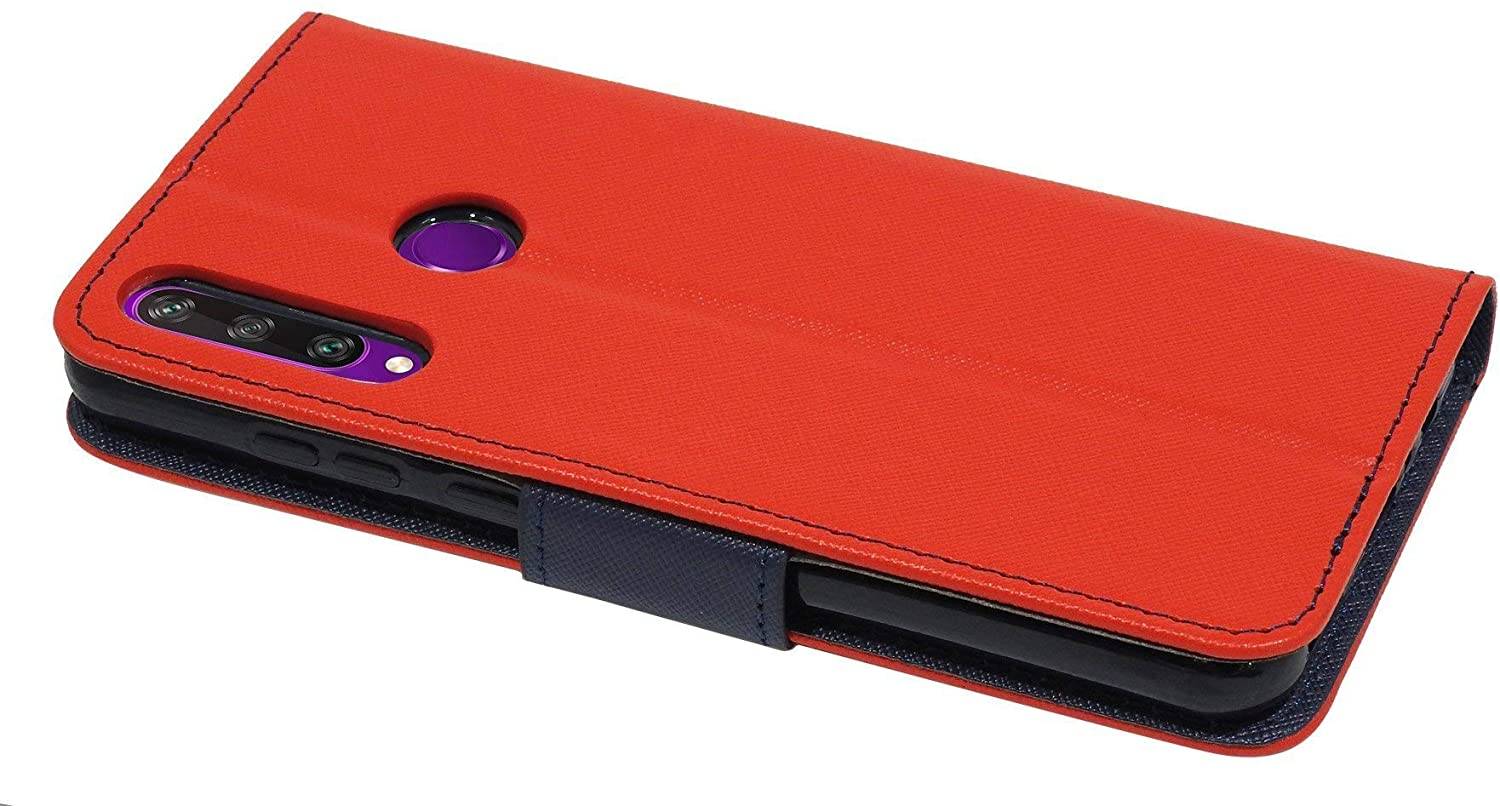Buch Tasche "Fancy" kompatibel mit Huawei Y6P Handy Hülle Etui Brieftasche Schutzhülle mit Standfunktion, Kartenfach Rot-Blau