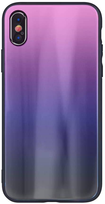 Aurora Glas Etui Silikon Hülle kompatibel mit Huawei P40 Lite Hart Case TPU Handy Cover Schutz in Pink-Schwarz