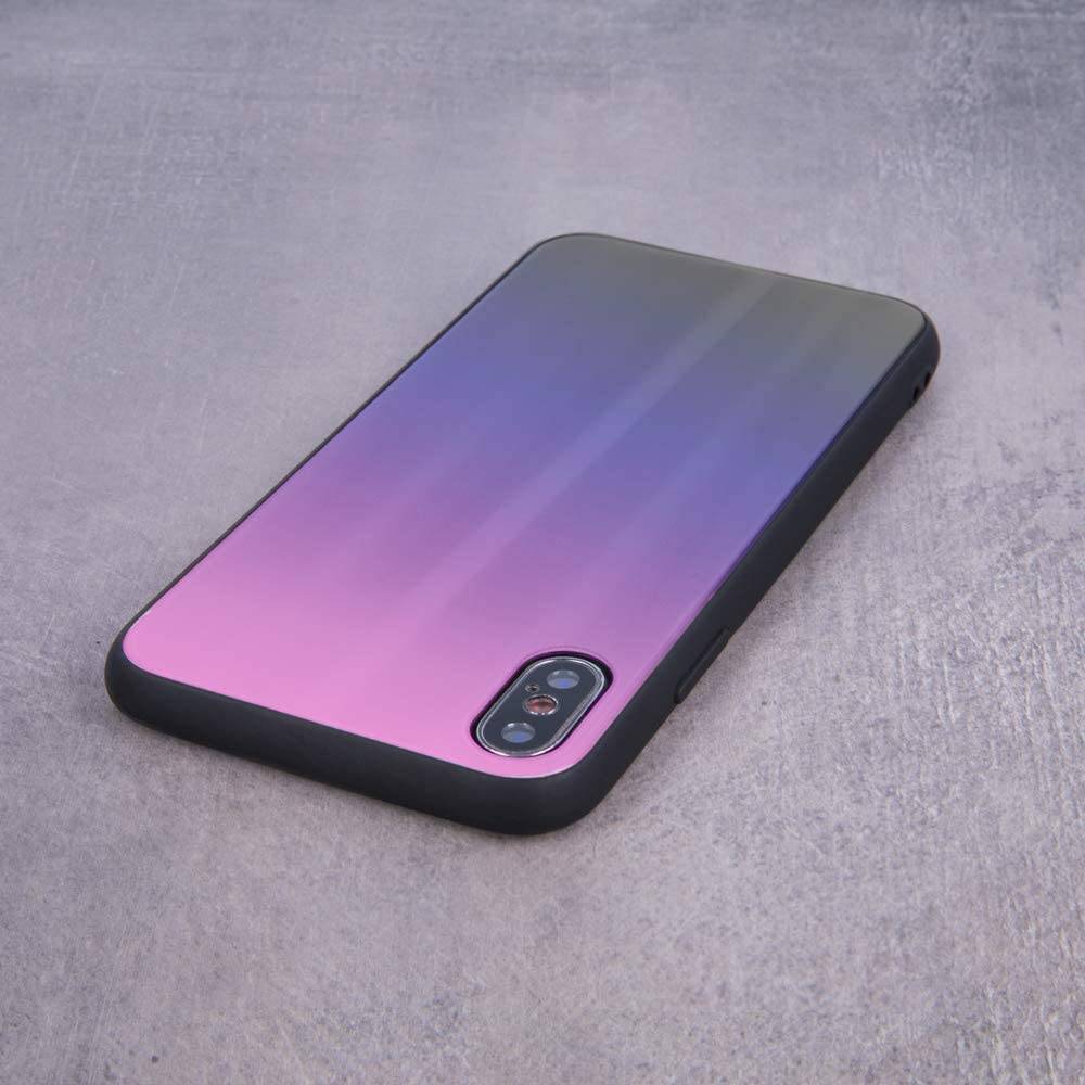 Aurora Glas Etui Silikon Hülle kompatibel mit Huawei P40 Lite Hart Case TPU Handy Cover Schutz in Pink-Schwarz