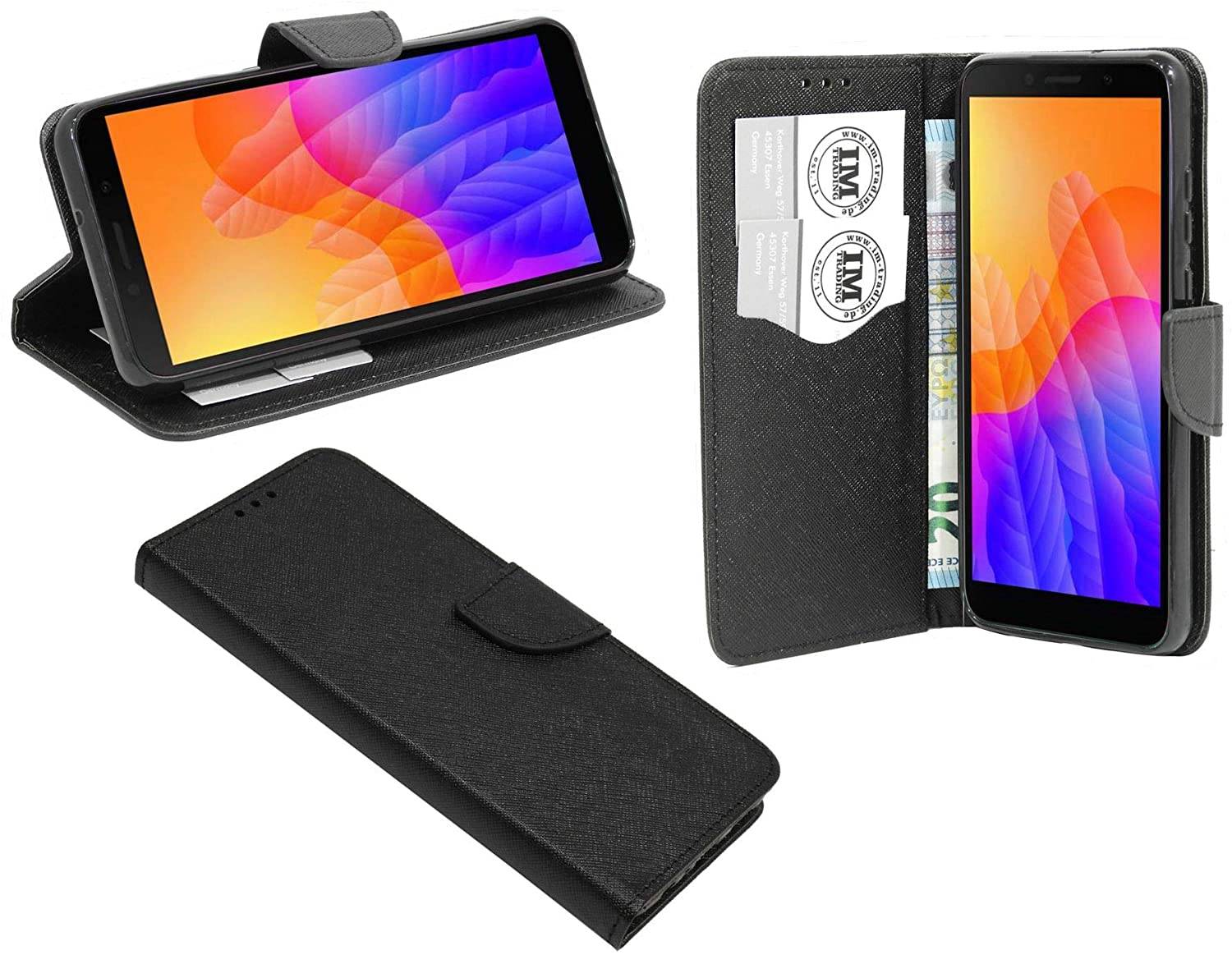 Buch Tasche "Fancy" kompatibel mit Huawei Y5P Handy Hülle Etui Brieftasche Schutzhülle mit Standfunktion, Kartenfach Schwarz