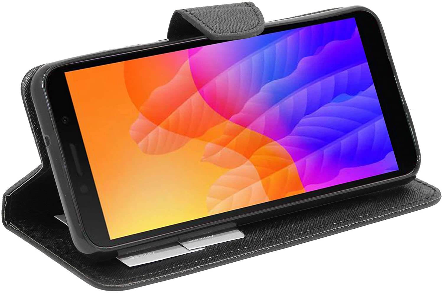 Buch Tasche "Fancy" kompatibel mit Huawei Y5P Handy Hülle Etui Brieftasche Schutzhülle mit Standfunktion, Kartenfach Schwarz