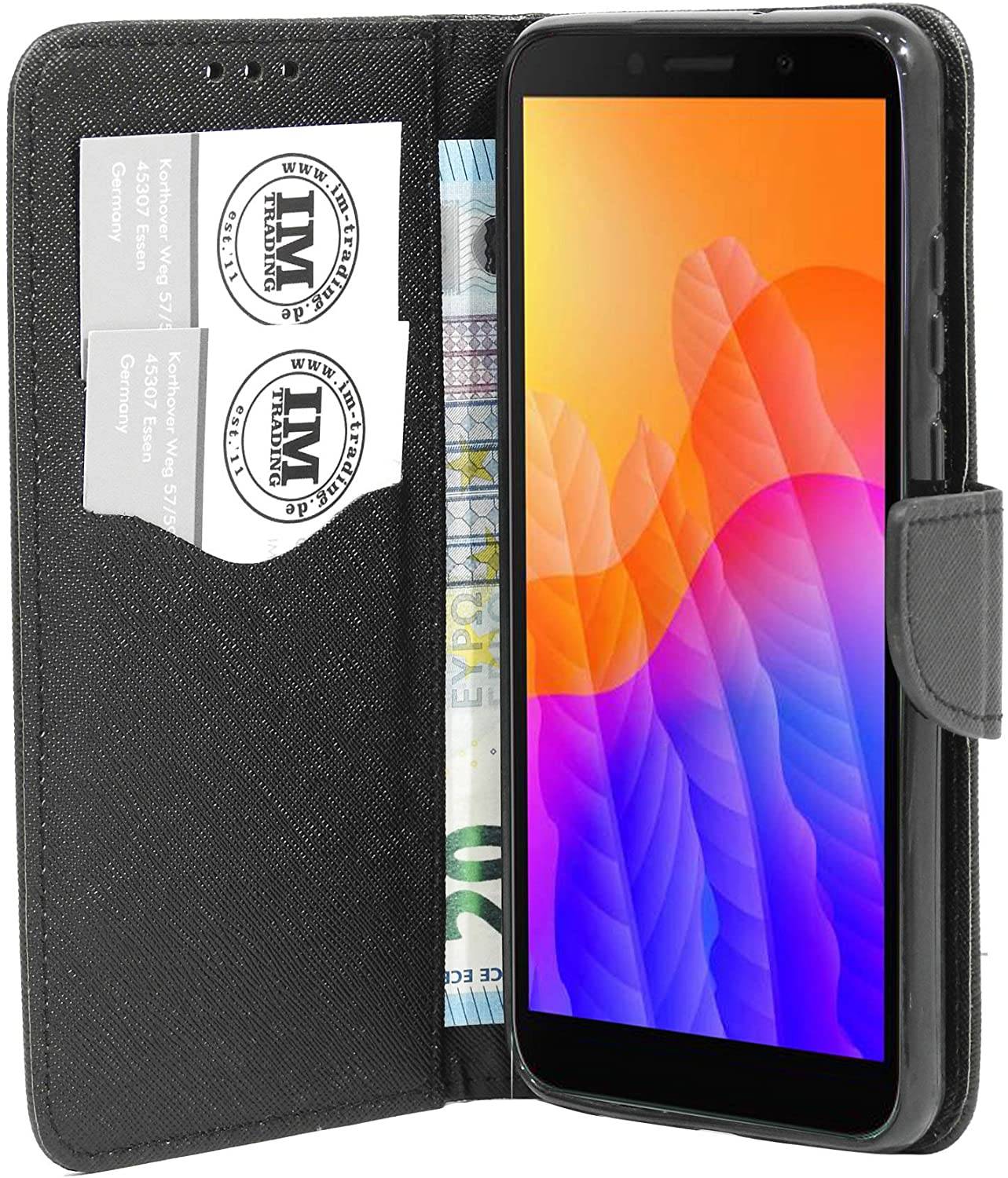 Buch Tasche "Fancy" kompatibel mit Huawei Y5P Handy Hülle Etui Brieftasche Schutzhülle mit Standfunktion, Kartenfach Schwarz